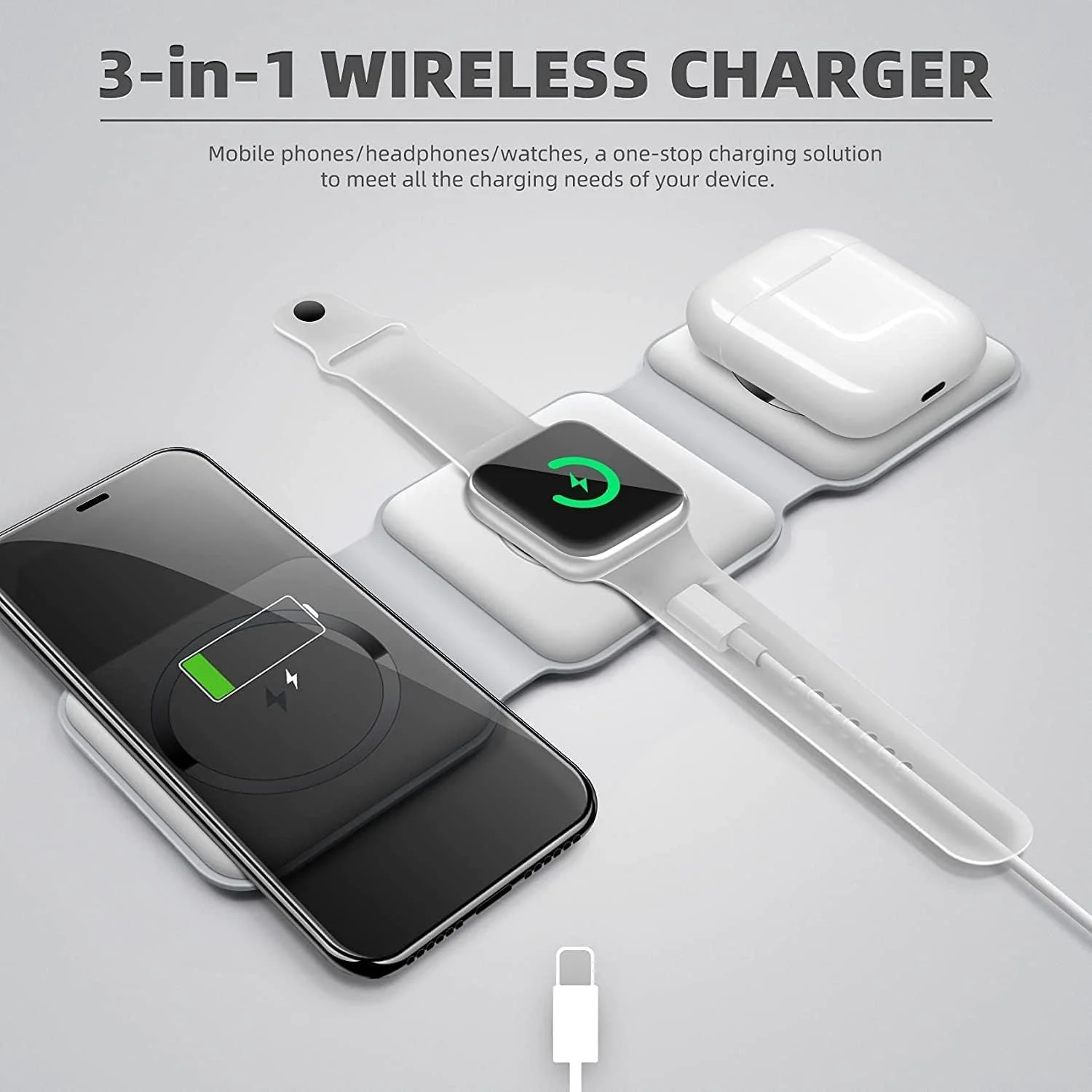 3 in 1 Wireless Charger, USB 3 in 1 Wireless Charger, Overheating Overload Protection Fast Wireless Charging Pad for all support wireless charging Phone, Magnetic Foldable Charging Station