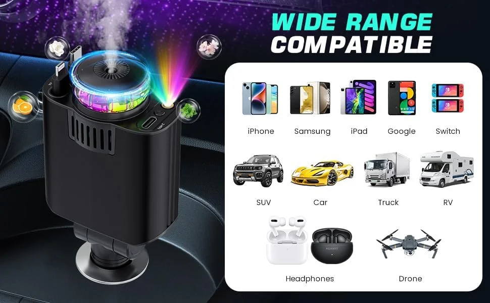 5-in-1 Car Charger with Aromatherapy and Starlight, 69W Fast Charging, Retractable USB-C and iOS Cables, Fast Charging USB-C & iOS Cables for iPhone 16/15/14, Android & More Ambient Light Projector