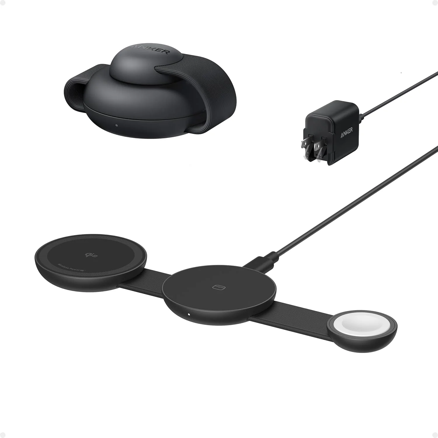 شارژر 3 در 1 Anker MagGo UFO سازگار با MagSafe، استیشن شارژ بی‌سیم آیفون 17، دارای گواهی Qi2 با توان 15 وات، پد شارژ تاشو مسافرتی، برای آیفون 17/16/15/14، ایرپادز، اپل واچ (پاوربانک نیست)