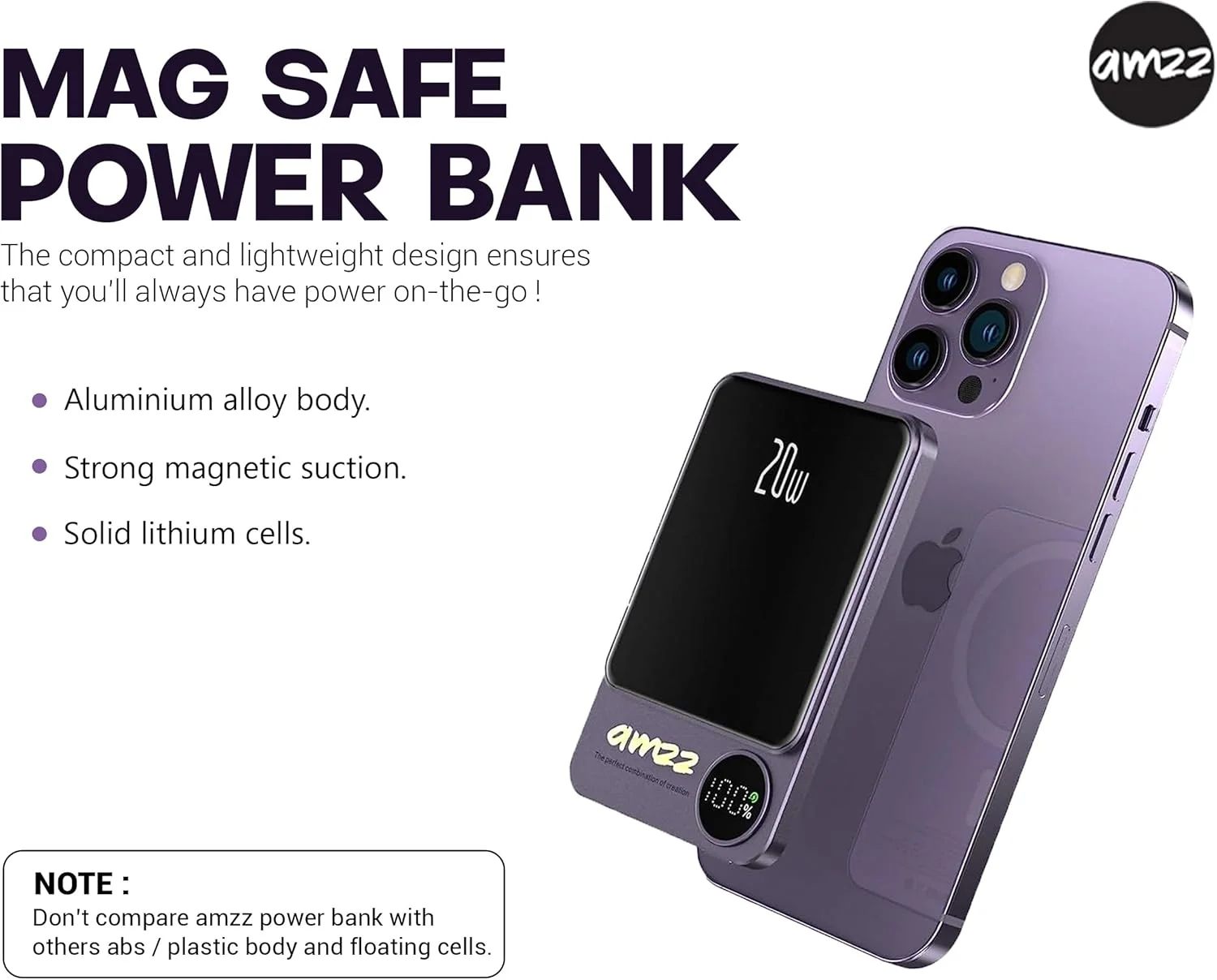 پاوربانک بی‌سیم مغناطیسی سریع AMZZ با ظرفیت 10000 میلی آمپر ساعت، شارژر قابل حمل 20 واتی و سازگار با USB-C، مناسب برای سری آیفون 14/13/12 (بنفش)