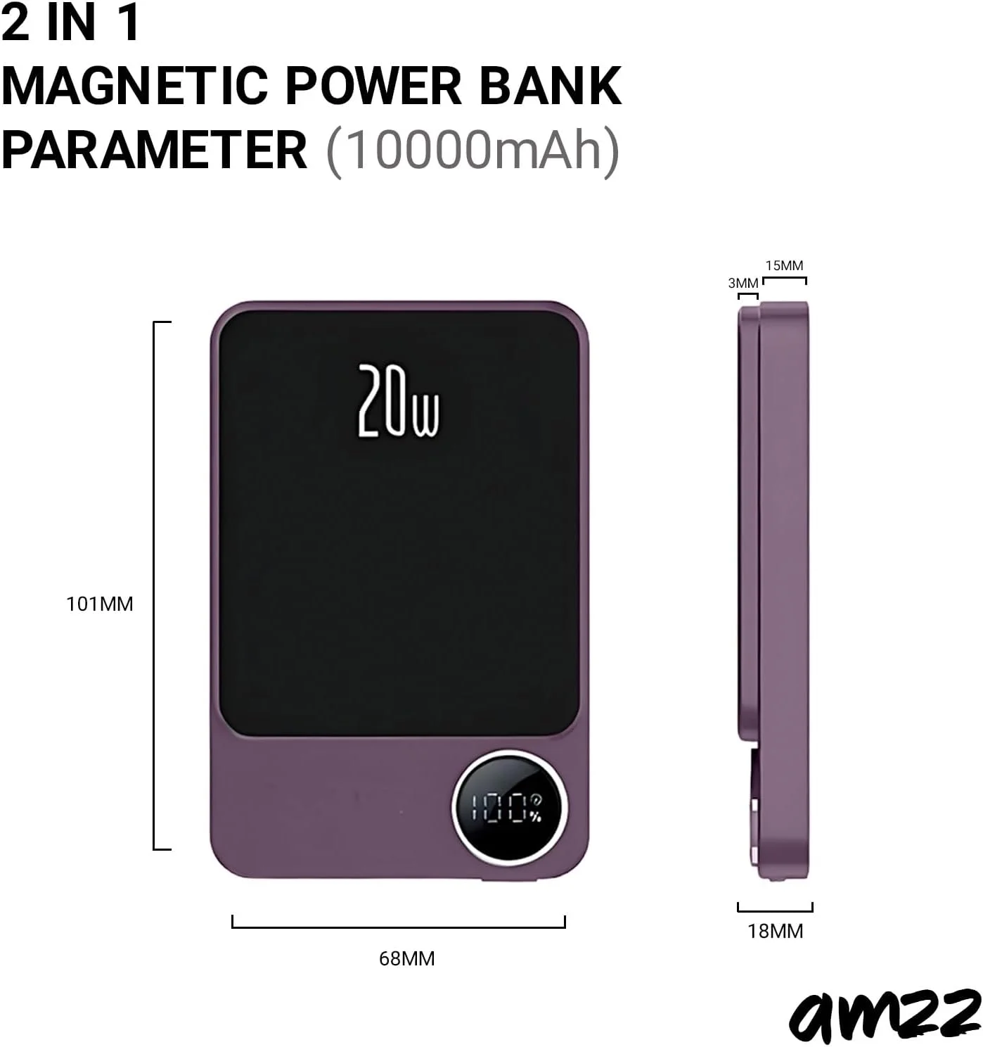 پاوربانک بی‌سیم مغناطیسی سریع AMZZ با ظرفیت 10000 میلی آمپر ساعت، شارژر قابل حمل 20 واتی و سازگار با USB-C، مناسب برای سری آیفون 14/13/12 (بنفش)