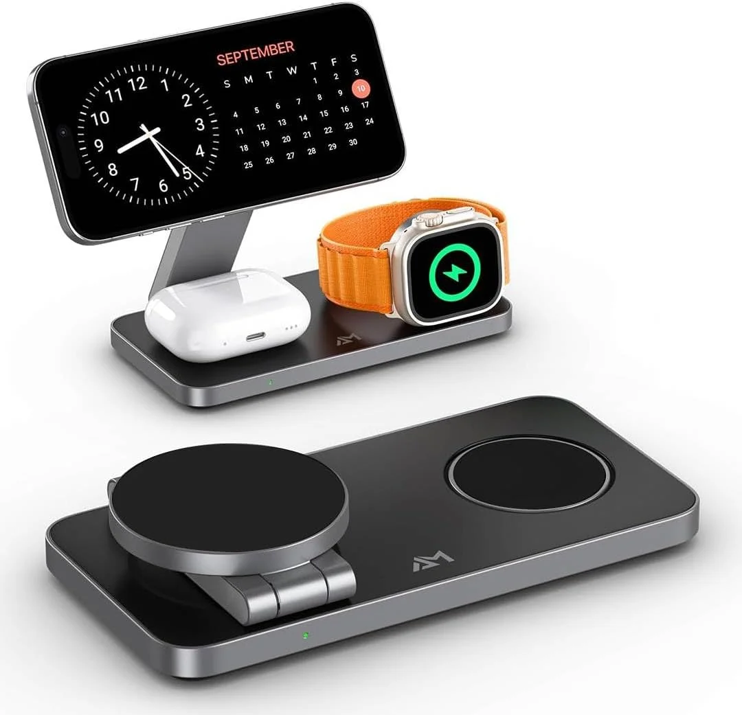 استند شارژر وایرلس تاشو 3 در 1 سازگار با محصولات اپل، استند شارژر وایرلس مغناطیسی برای سری آیفون 16 15 14 13 12، ایرپادز پرو، اپل واچ (مشکی)