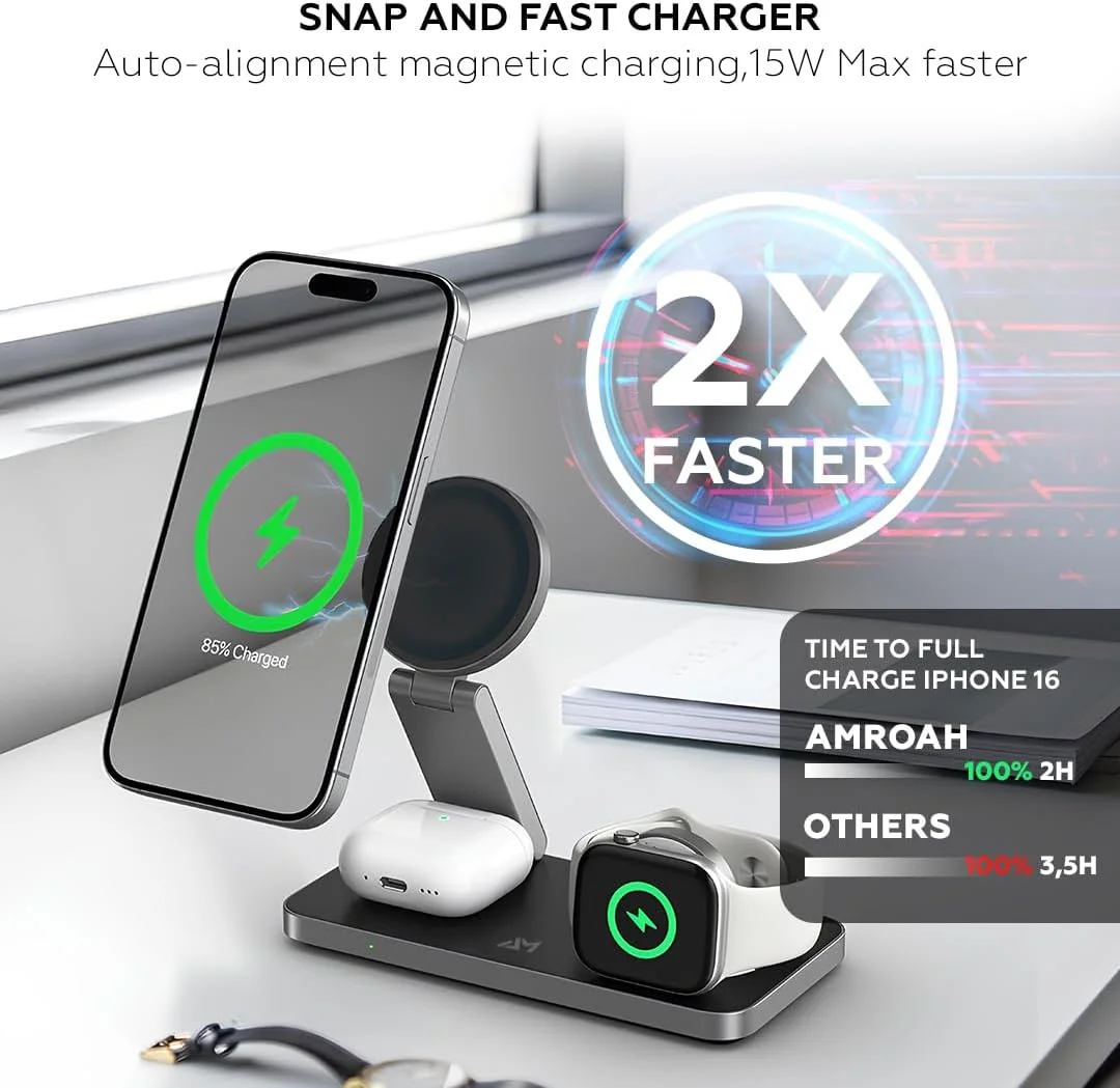 استند شارژر وایرلس تاشو 3 در 1 سازگار با محصولات اپل، استند شارژر وایرلس مغناطیسی برای سری آیفون 16 15 14 13 12، ایرپادز پرو، اپل واچ (مشکی)