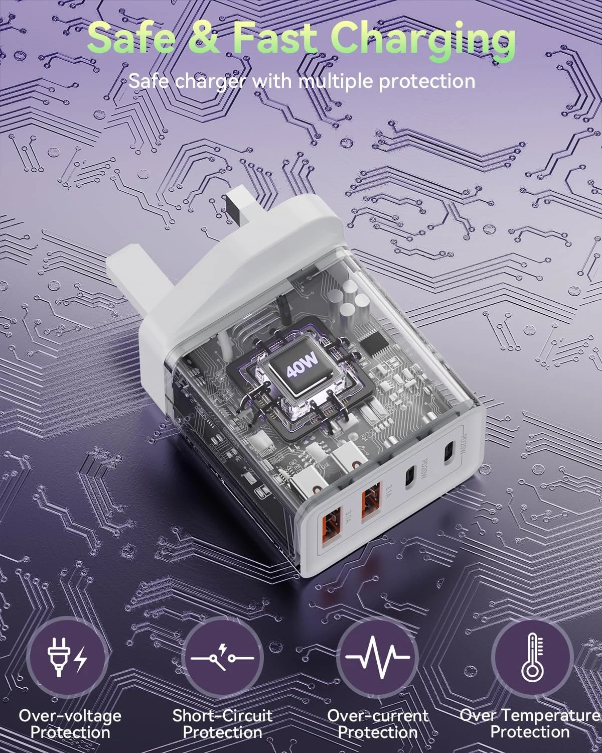 شارژر سریع USB C - شارژر دیواری 40 واتی دوگانه USB C - آداپتور برق 4 پورت 20 واتی USB C با کابل شارژ سریع C به C سازگار با آیفون، مک بوک ایر، لپ تاپ