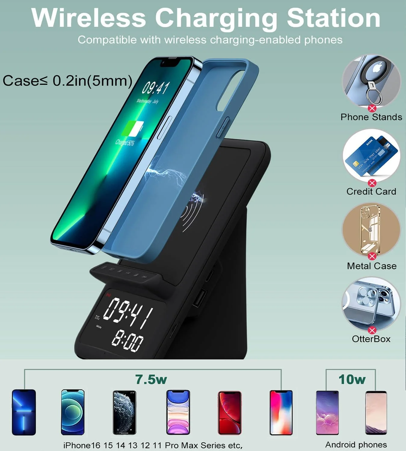 ایستگاه شارژ بی سیم AFK با بلندگوی بلوتوث و ساعت زنگ دار، شارژر بی سیم سازگار با آیفون و تلفن های اندرویدی (مشکی)