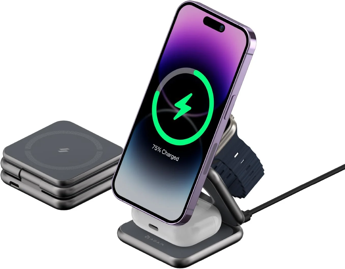 شارژر بی‌سیم مغناطیسی و شارژر مسافرتی ADAM elements – ایستگاه شارژ مسافرتی تاشو 3 در 1 مغناطیسی Mag 3 برای سری iPhone 12/13/14/15، Apple Watch و سری AirPods