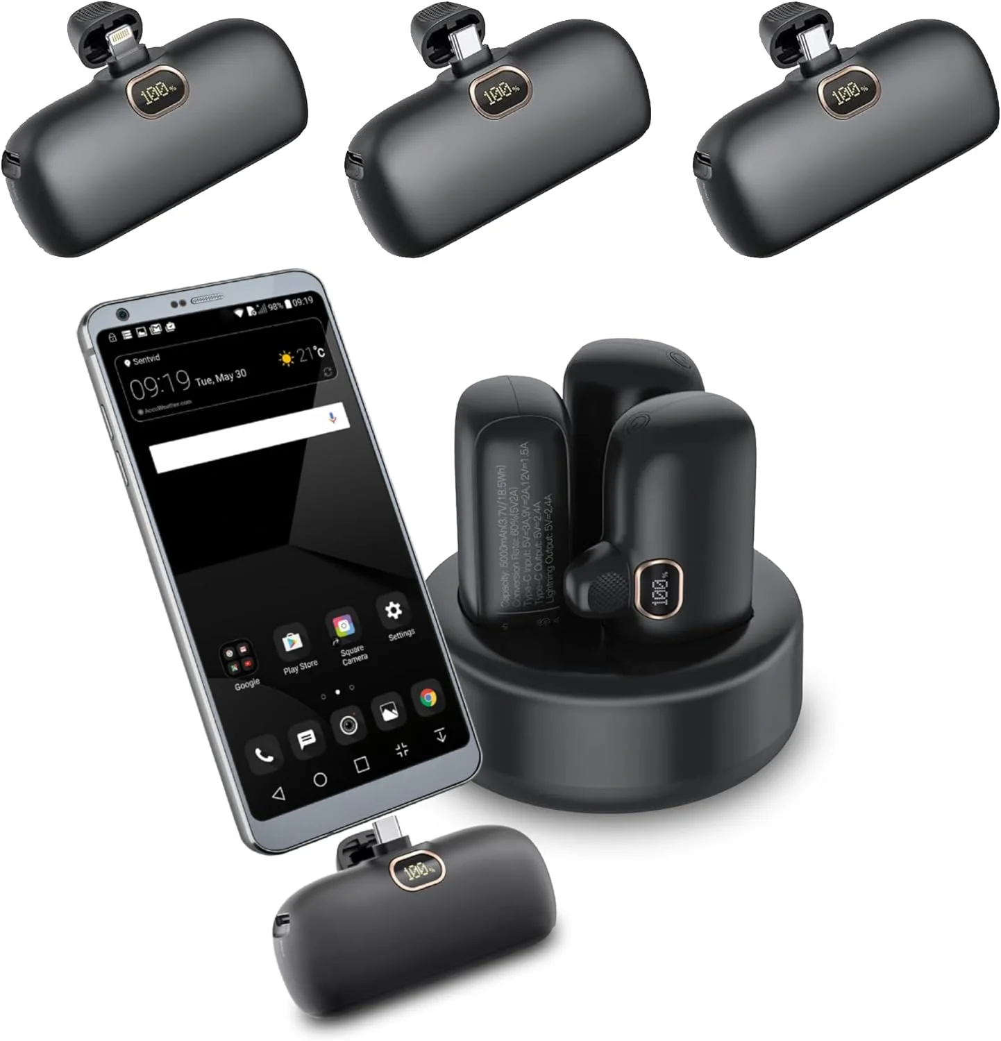 پاوربانک جمع و جور 5000 میلی آمپر ساعتی 3 عددی با استند شارژ، کیت مسافرتی شارژ سریع USB-C و لایتنینگ، باتری پشتیبان قابل حمل 20W PD3.0 و 18W QC3.0، سازگار با آیفون 15 و سایر دستگاه ها