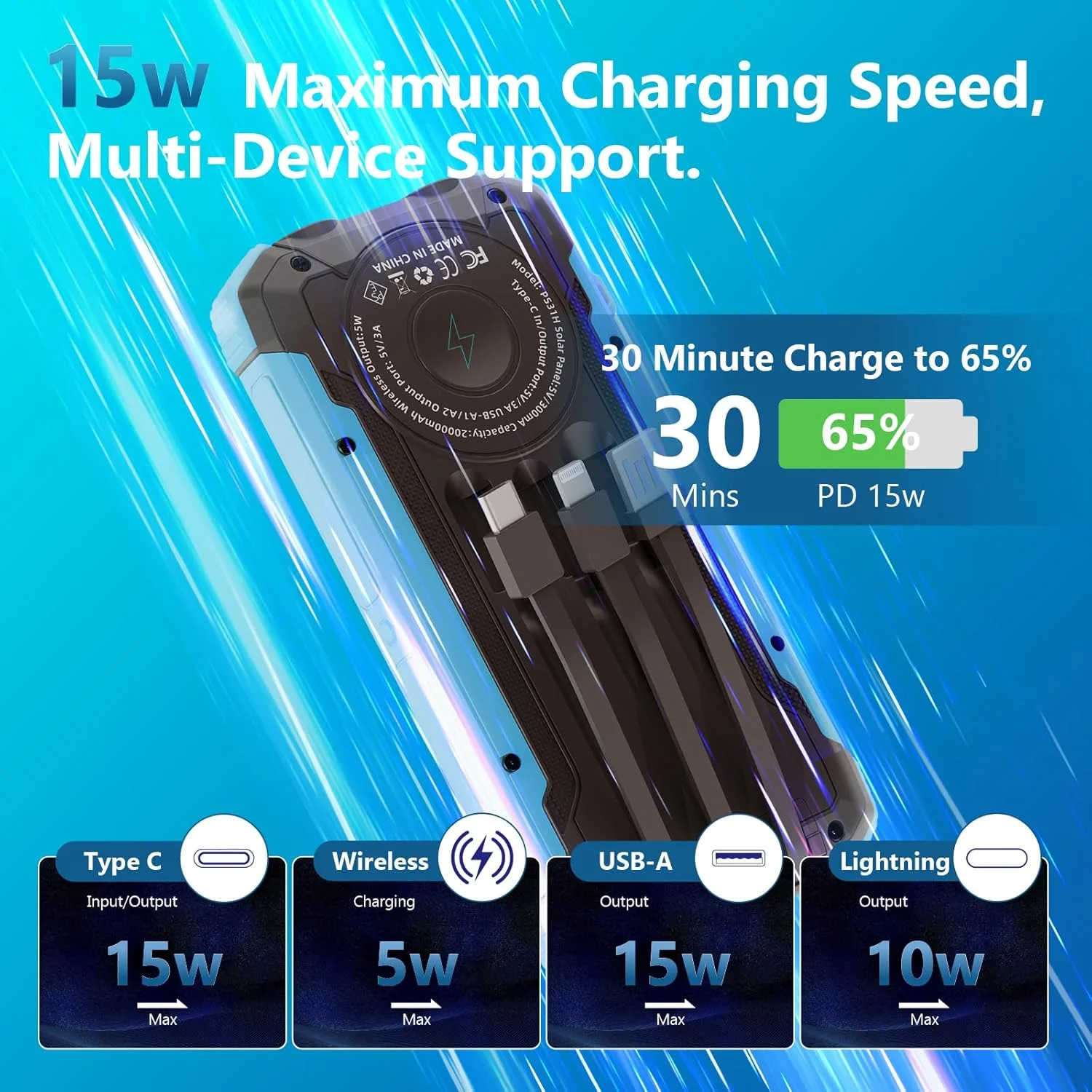 شارژر خورشیدی ERRBBIC پاور بانک 20000mAh، شارژر بی‌سیم قابل حمل، بسته باتری خارجی با شارژ سریع 15 واتی با چراغ قوه دوتایی و خروجی های USB C. پاور موبایل فضای باز سازگار با تلفن های همراه