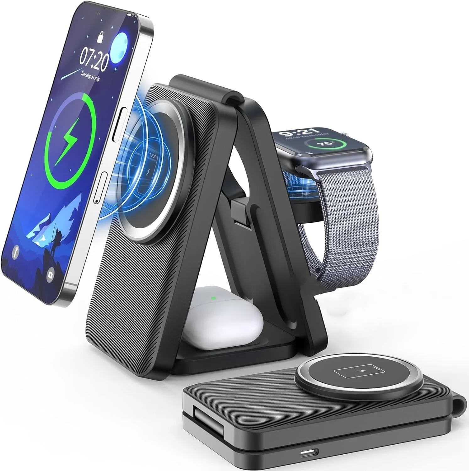پایه شارژر مغناطیسی 3 در 1 برای اپل، پایه شارژ تاشو داک شارژر بی سیم مغناطیسی برای دستگاه های متعدد برای آیفون 15/14/13/12/اپل واچ/ایربادز (آداپتور شامل نمی شود)