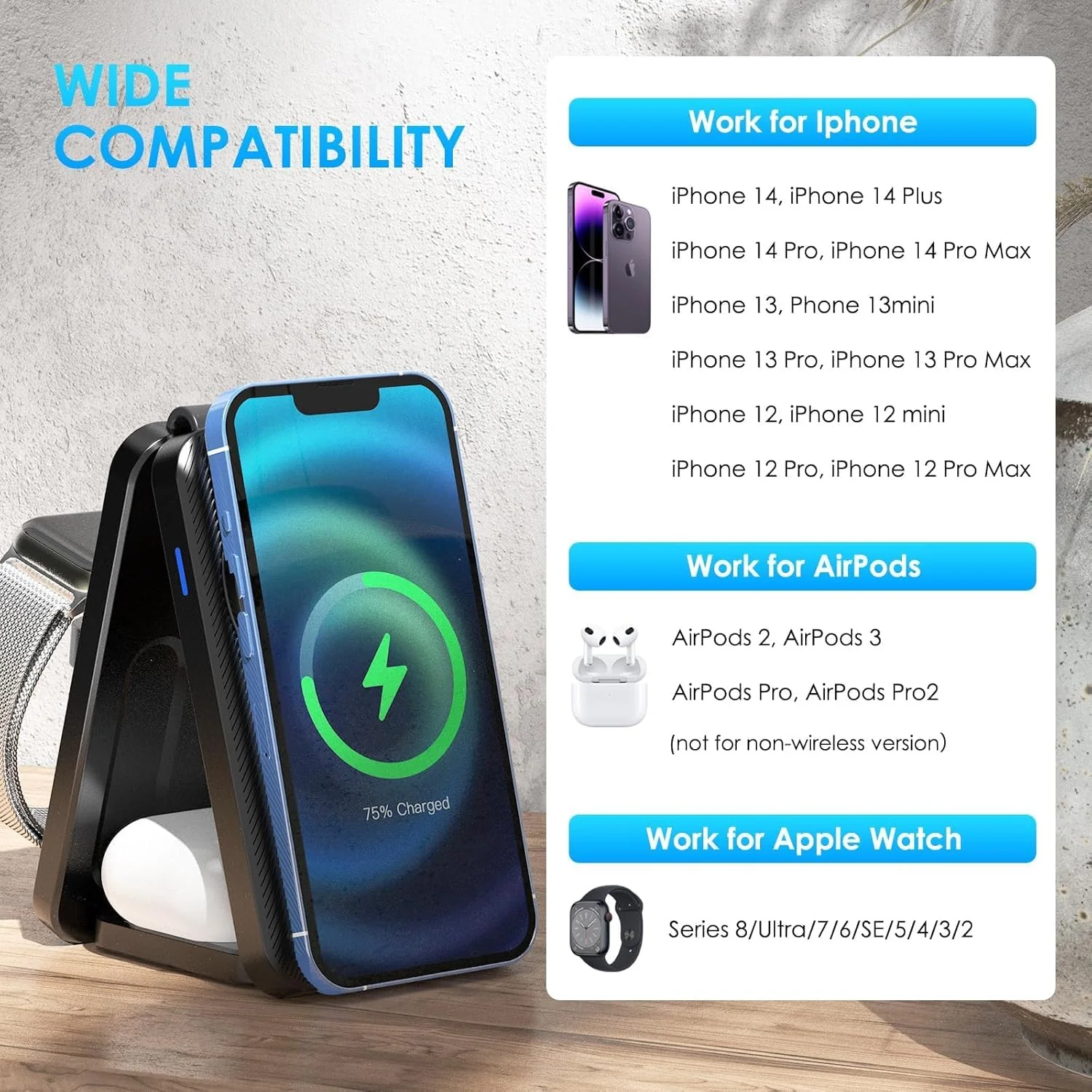 پایه شارژر مغناطیسی 3 در 1 برای اپل، پایه شارژ تاشو داک شارژر بی سیم مغناطیسی برای دستگاه های متعدد برای آیفون 15/14/13/12/اپل واچ/ایربادز (آداپتور شامل نمی شود)