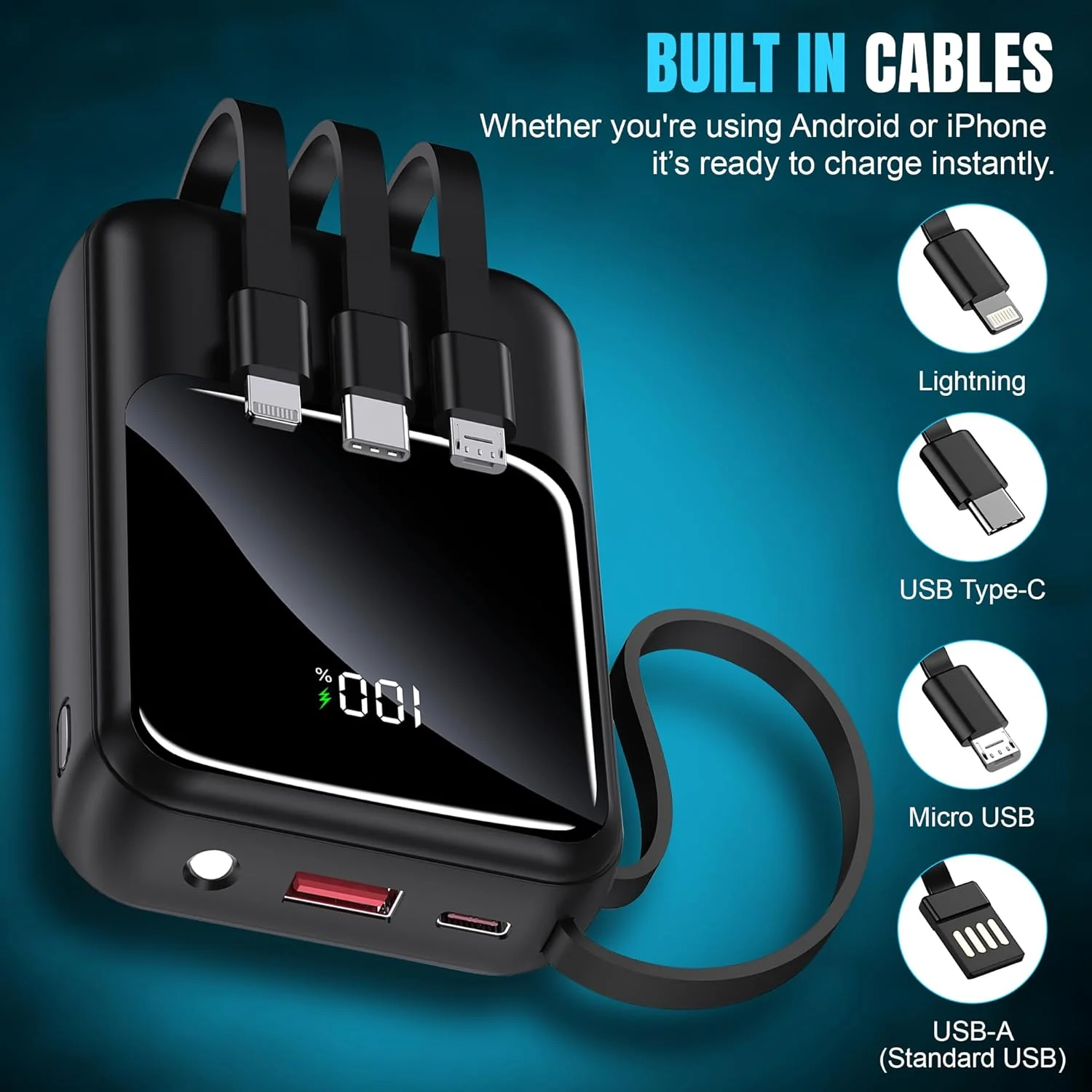 پاور بانک قابل حمل 10000 میلی آمپر ساعتی با نمایشگر LED و کابل های داخلی - شارژ سریع پاور بانک با خروجی های USB-C، USB-A - پاوربانک کوچک و مناسب سفر برای تلفن های هوشمند، تبلت ها