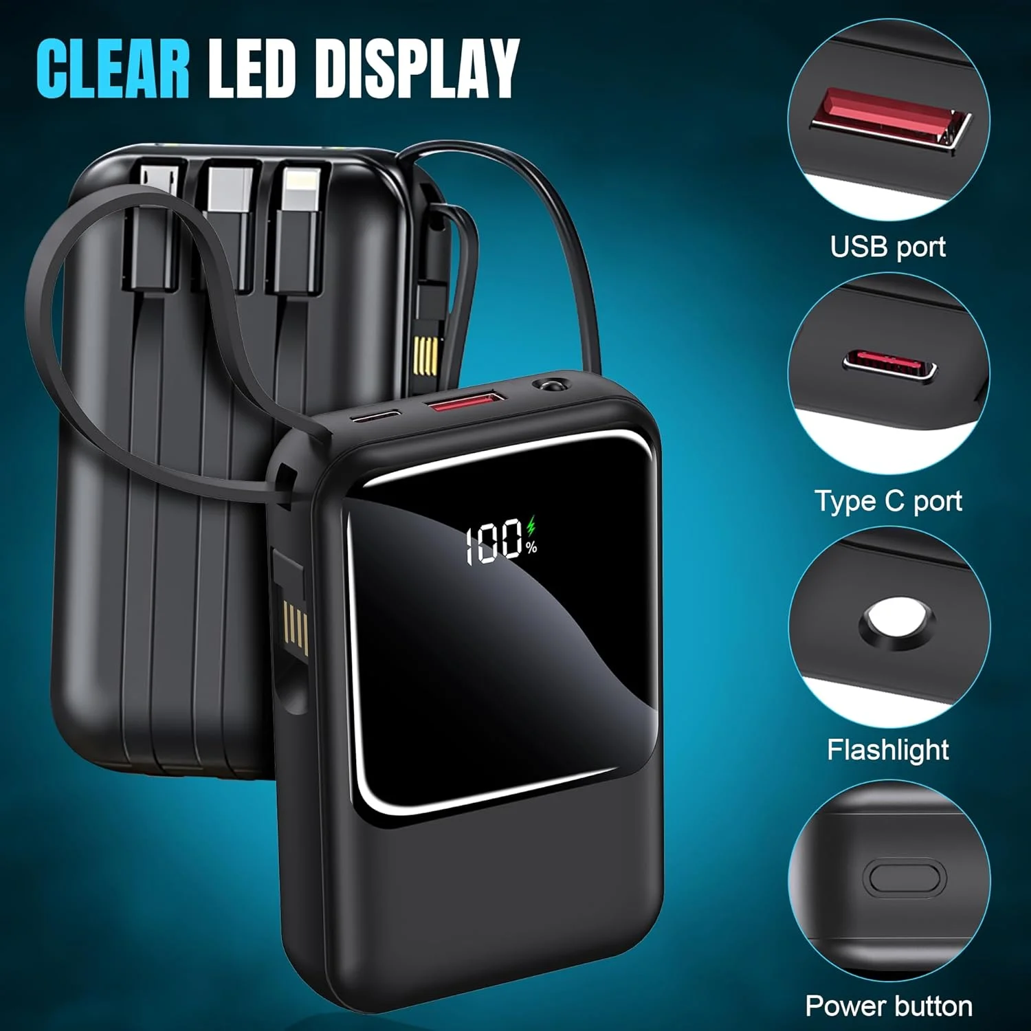 پاور بانک قابل حمل 10000 میلی آمپر ساعتی با نمایشگر LED و کابل های داخلی - شارژ سریع پاور بانک با خروجی های USB-C، USB-A - پاوربانک کوچک و مناسب سفر برای تلفن های هوشمند، تبلت ها