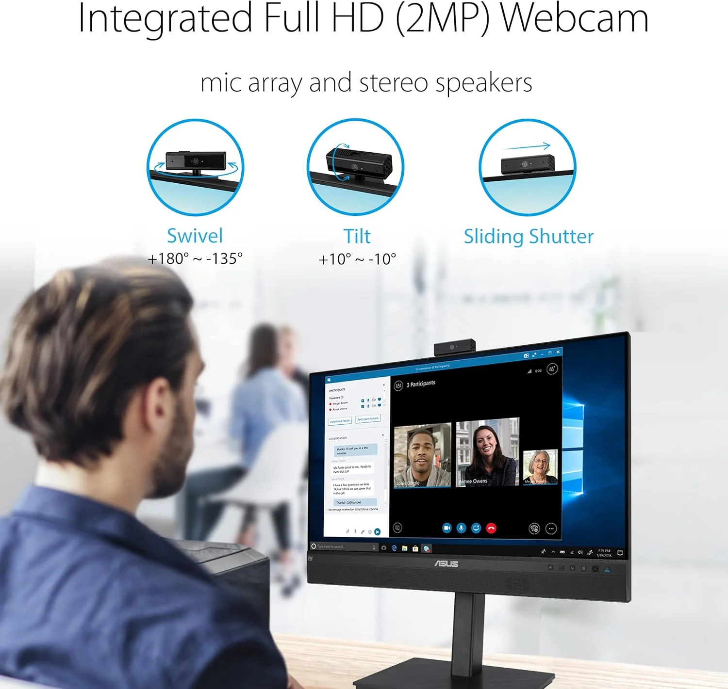 مانیتور وبکم ASUS BE24ECSNK – ۲۴ اینچ (قابل مشاهده ۲۳.۸ اینچ)، Full HD، IPS، بدون حاشیه، وبکم Full HD، آرایه میکروفون، حذف نویز هوش مصنوعی، دارای گواهی Zoom، نوردهی خودکار چهره، داکینگ USB-C، RJ45