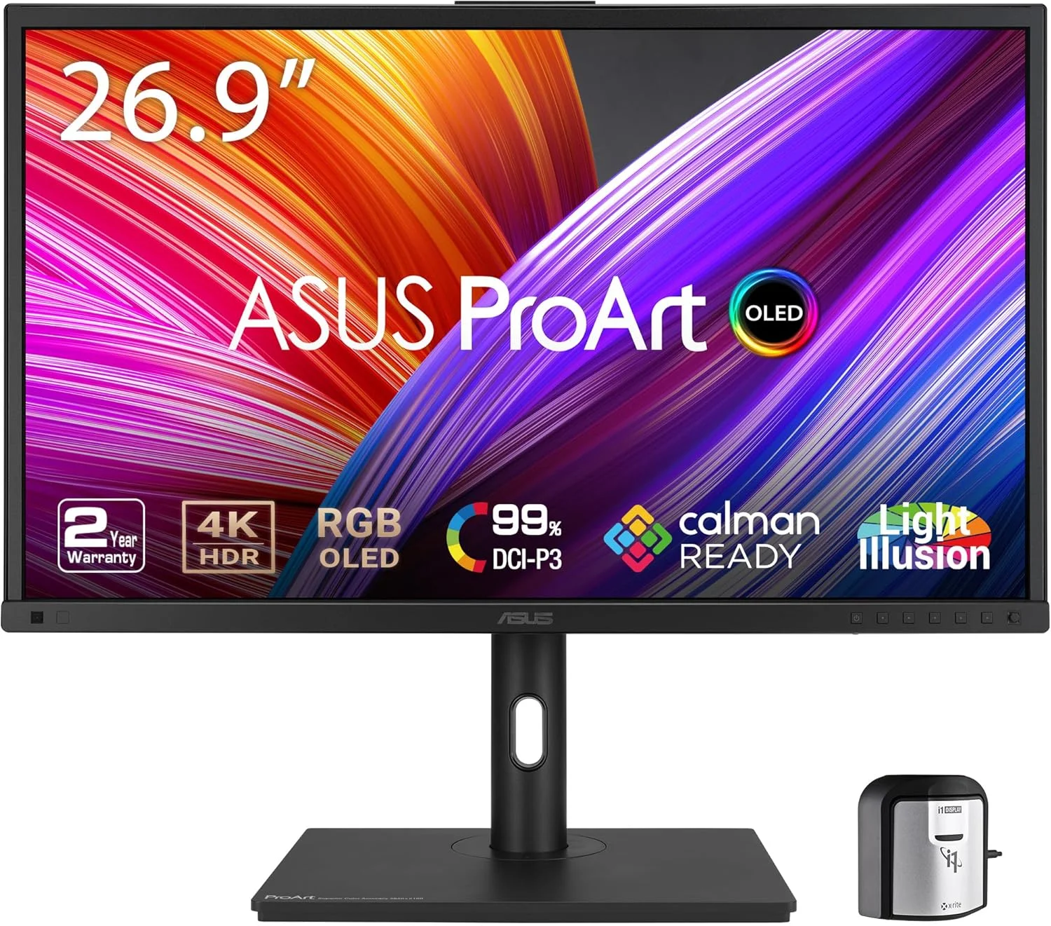 مانیتور حرفه ای ASUS ProArt Display 27 اینچ 4K HDR RGB OLED مدل (PA27DCE-K) - UHD (3840 x 2160)، پوشش 99% DCI-P3، HLG، ΔE < 1، USB-C PD 80W، کالیبراسیون سخت افزاری، Calman Ready، X-rite i1 Display Pro Calibrator