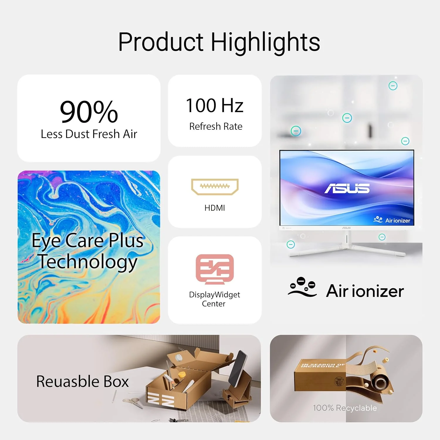 مانیتور 24 اینچی (قابل مشاهده 23.8 اینچ) ایسوس مدل VU249HFI-W - Full HD، IPS، 100 هرتز، SmoothMotion، Adaptive Sync، Nano-ion، Eye Care Plus، قابلیت نصب روی دیوار VESA، 3 سال 