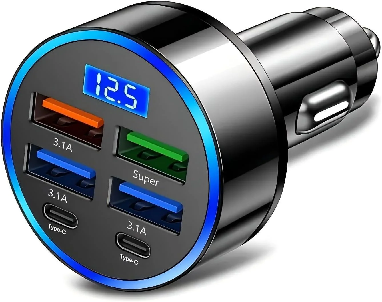 آداپتور شارژر فندکی خودرو 6 در 1 با نمایشگر ولتاژ LED، شارژر موبایل با پورت های متعدد برای دستگاه های هوشمند مانند تبلت، لپ تاپ، تلفن های همراه مانند آیفون، سامسونگ، اوپو، ویوو