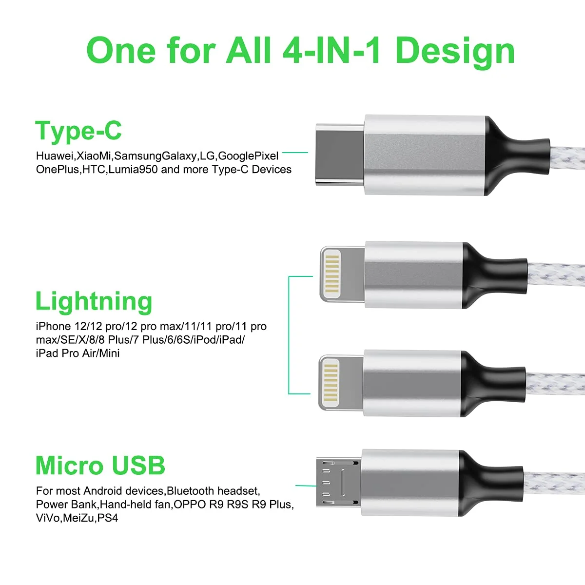 کابل شارژ یونیورسال 4 در 1 USB با طول 1.8 متری، کانکتور آداپتور سیم شارژر نایلونی بافته شده لایتنینگ 2+تایپ سی+میکرو USB برای اندروید/اپل/iOS/سامسونگ/الجی/هواوی/شیائومی - نقرهای کابل شارژ یونیورسال 4 در 1 USB با طول 1.8 متری، کانکتور آداپتور سیم شارژر نایلونی بافته شده لایتنینگ 2+تایپ سی+میکرو USB برای اندروید/اپل/iOS/سامسونگ/الجی/هواوی/شیائومی - نقرهای