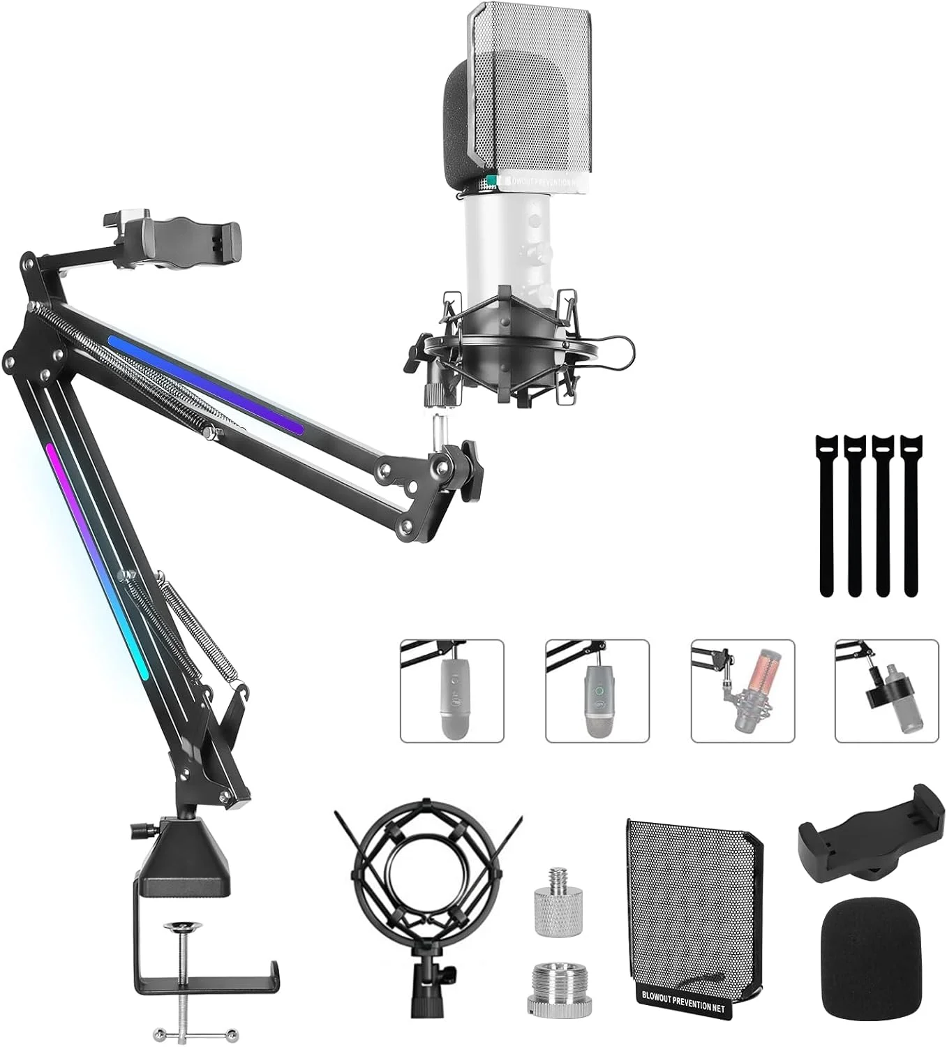 پایه بازوی میکروفون RGB با گیره های سنگین، پایه میکروفون تلفن همراه قابل تنظیم با نوار نورانی RGB، برای بازی، یوتیوب با پیچ های 1/4، 3/8 و 5/8 اینچ پایه بازوی میکروفون RGB با گیره های سنگین، پایه میکروفون تلفن همراه قابل تنظیم با نوار نورانی RGB، برای بازی، یوتیوب با پیچ های 1/4، 3/8 و 5/8 اینچ