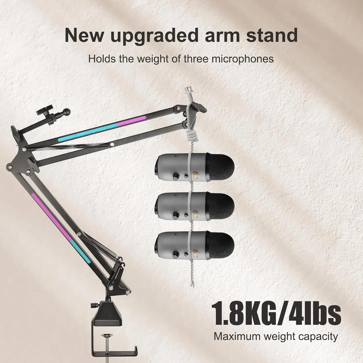 پایه بازوی میکروفون RGB با گیره های سنگین، پایه میکروفون تلفن همراه قابل تنظیم با نوار نورانی RGB، برای بازی، یوتیوب با پیچ های 1/4، 3/8 و 5/8 اینچ