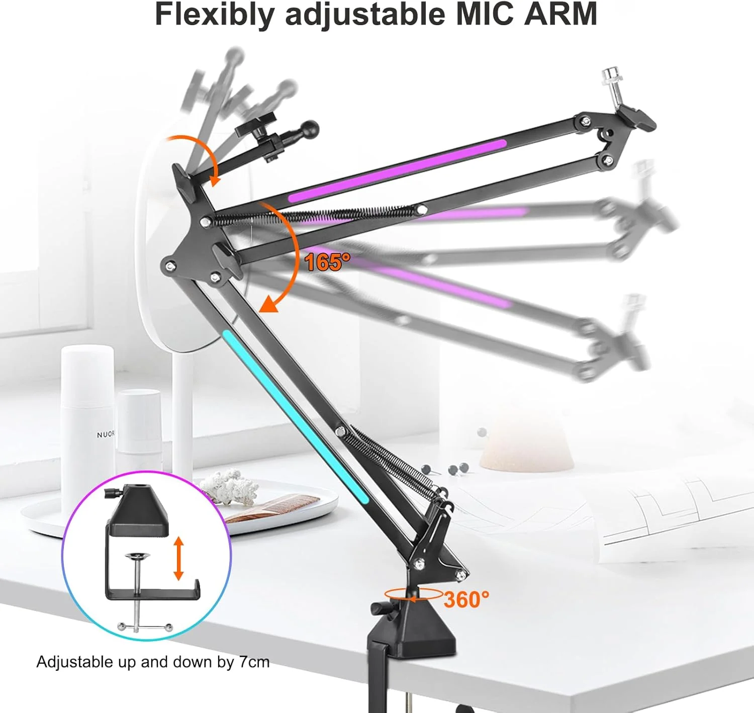 پایه بازوی میکروفون RGB با گیره های سنگین، پایه میکروفون تلفن همراه قابل تنظیم با نوار نورانی RGB، برای بازی، یوتیوب با پیچ های 1/4، 3/8 و 5/8 اینچ
