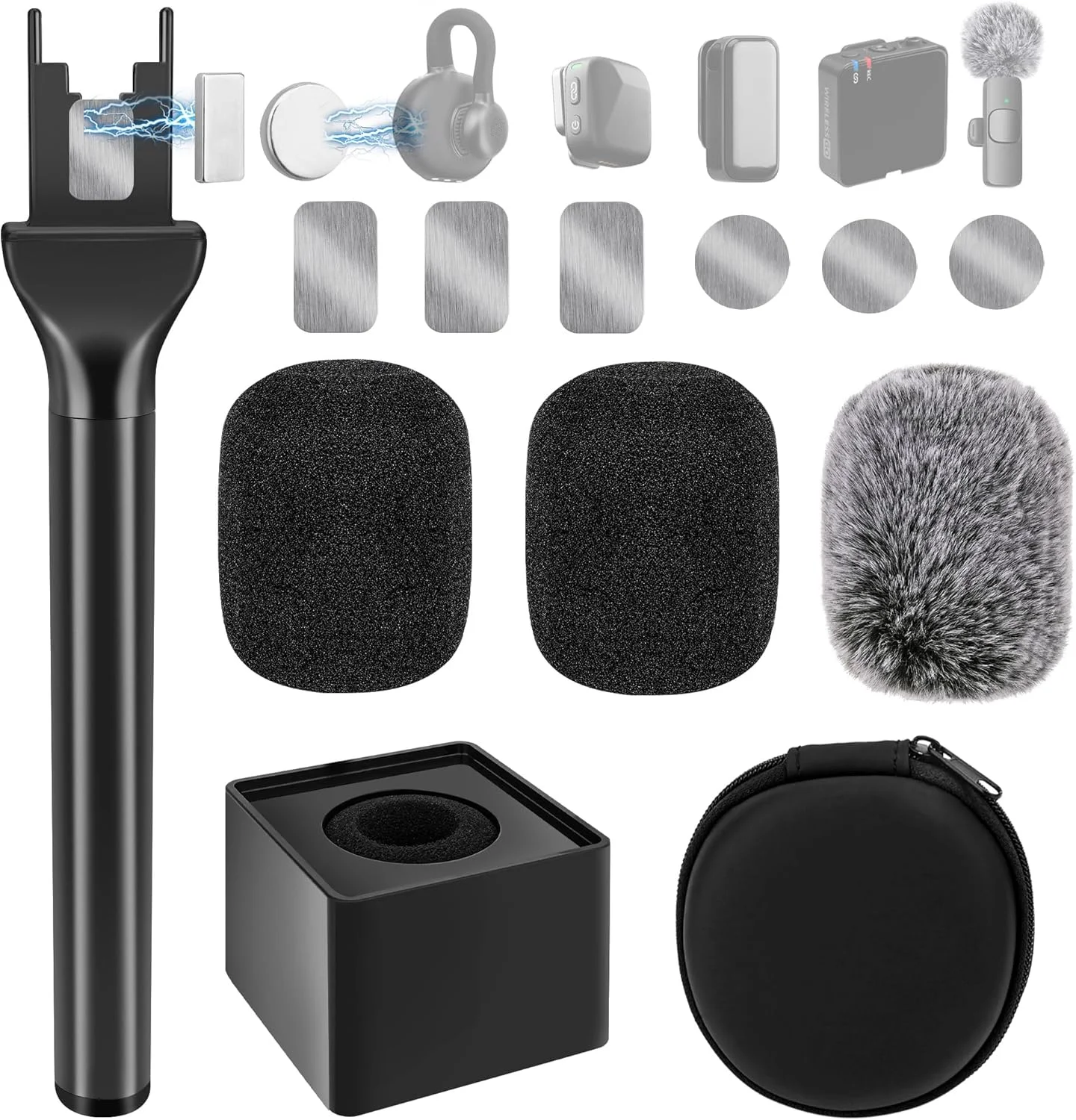 دسته میکروفون Geekria for Creators برای DJI Mic 2، نگهدارنده میکروفون سازگار با Hollyland Lark M2S، Rode Wireless GO Lavalier Mic، پایه میکروفون مغناطیسی با 3 فیلتر پاپ برای ولاگ و گزارش