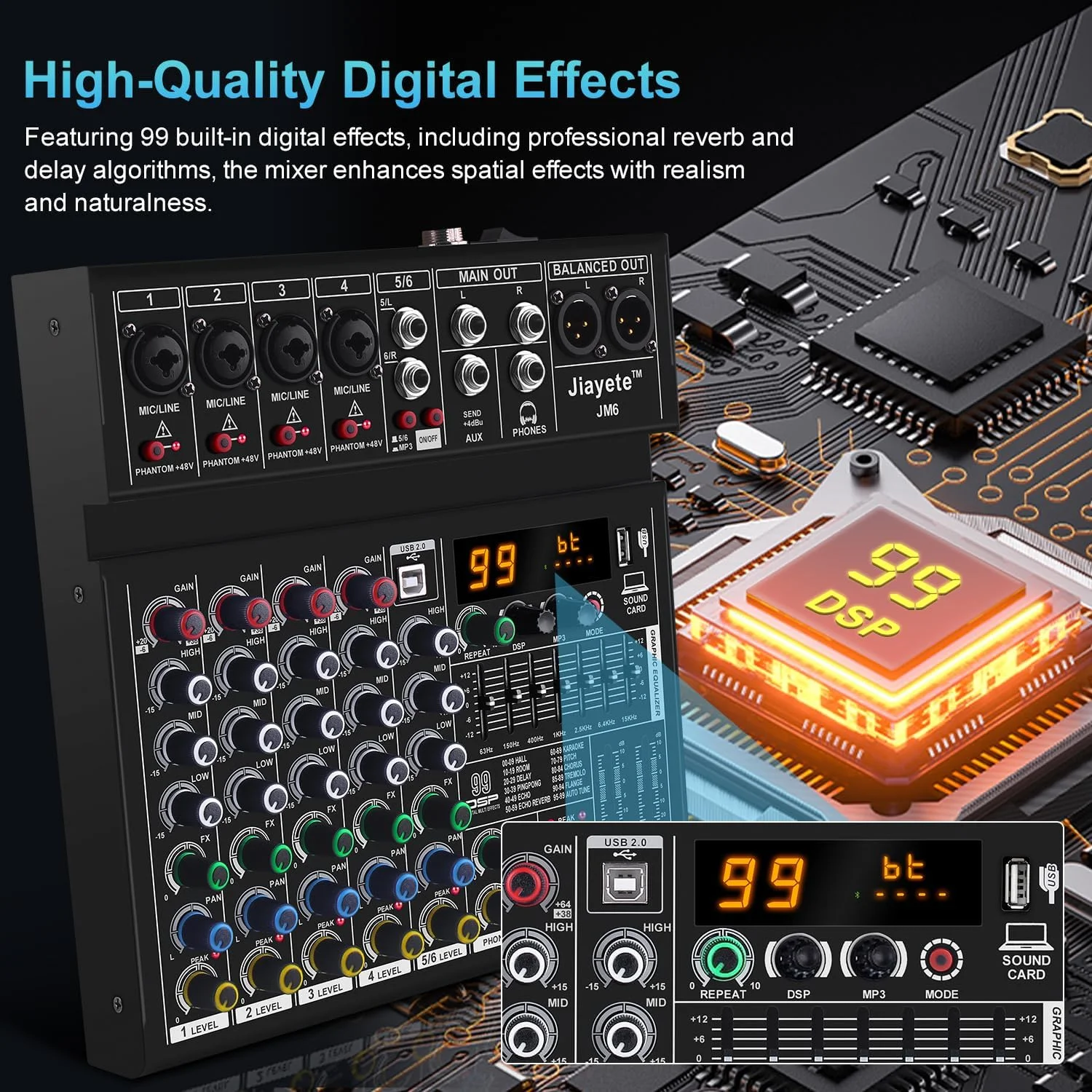 میکسر DJ شش کاناله، میکسر صوتی حرفه ای، فلزی، DSP با 99 جلوه از پیش تنظیم شده، برد صدا بلوتوث، فانتوم پاور 48 ولت، کنسول کوچک میکس جریان موسیقی USB Xlr مشکی، میکسر Pa برای کامپیوتر، پادکست