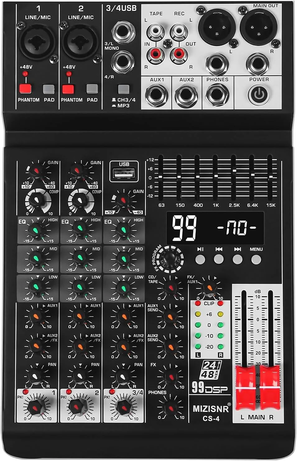 میکسر صدا 4 کاناله، کنسول میکسر حرفه ای موسیقی DJ با 99 DSP، اکولایزر 7 باندی، USB، بلوتوث، فانتوم پاور 48 ولت و عملکرد PAD برای ضبط PA، پخش زنده میکسر صدا 4 کاناله، کنسول میکسر حرفه ای موسیقی DJ با 99 DSP، اکولایزر 7 باندی، USB، بلوتوث، فانتوم پاور 48 ولت و عملکرد PAD برای ضبط PA، پخش زنده