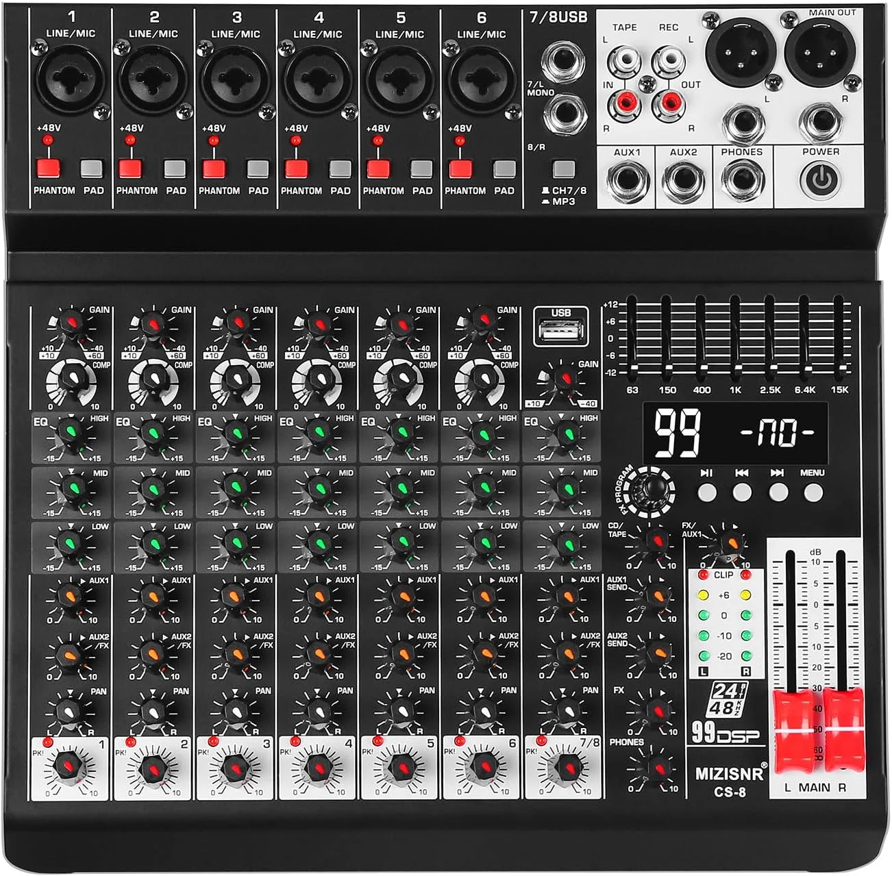 میکسر صدا 8 کاناله، کنسول میکسر حرفه ای موسیقی DJ با 99 DSP، اکولایزر 7 باندی، USB، بلوتوث، فانتوم پاور 48 ولت و عملکرد PAD برای ضبط PA، پخش زنده میکسر صدا 8 کاناله، کنسول میکسر حرفه ای موسیقی DJ با 99 DSP، اکولایزر 7 باندی، USB، بلوتوث، فانتوم پاور 48 ولت و عملکرد PAD برای ضبط PA، پخش زنده