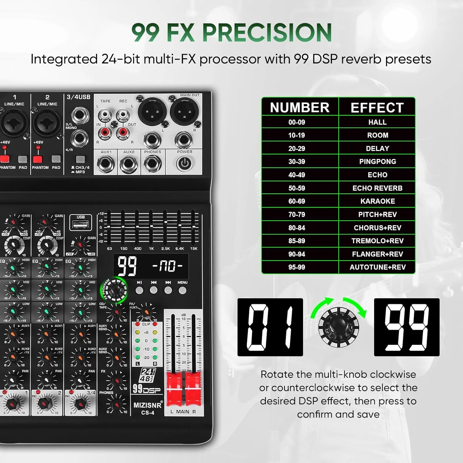 میکسر صدا 4 کاناله، کنسول میکسر حرفه ای موسیقی DJ با 99 DSP، اکولایزر 7 باندی، USB، بلوتوث، فانتوم پاور 48 ولت و عملکرد PAD برای ضبط PA، پخش زنده میکسر صدا 4 کاناله، کنسول میکسر حرفه ای موسیقی DJ با 99 DSP، اکولایزر 7 باندی، USB، بلوتوث، فانتوم پاور 48 ولت و عملکرد PAD برای ضبط PA، پخش زنده