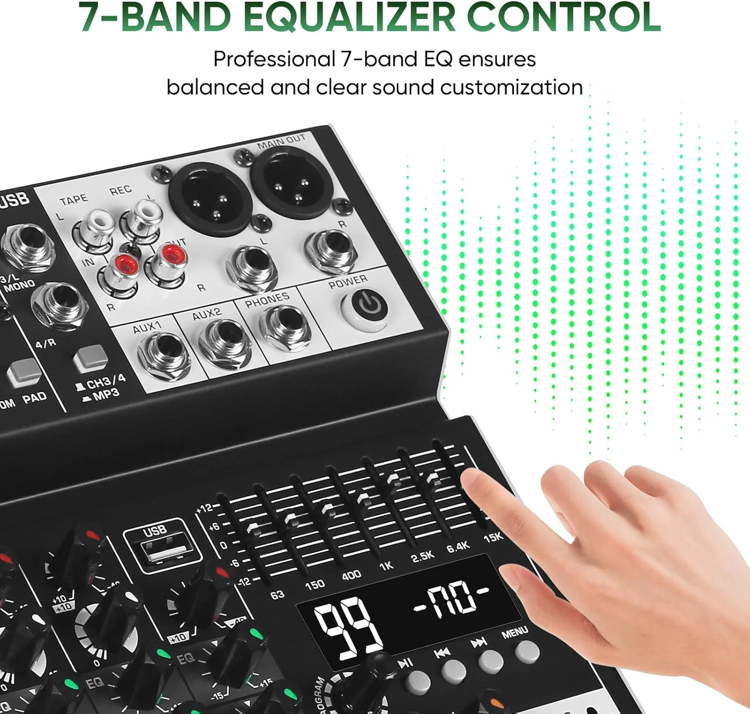 میکسر صدا 4 کاناله، کنسول میکسر حرفه ای موسیقی DJ با 99 DSP، اکولایزر 7 باندی، USB، بلوتوث، فانتوم پاور 48 ولت و عملکرد PAD برای ضبط PA، پخش زنده میکسر صدا 4 کاناله، کنسول میکسر حرفه ای موسیقی DJ با 99 DSP، اکولایزر 7 باندی، USB، بلوتوث، فانتوم پاور 48 ولت و عملکرد PAD برای ضبط PA، پخش زنده