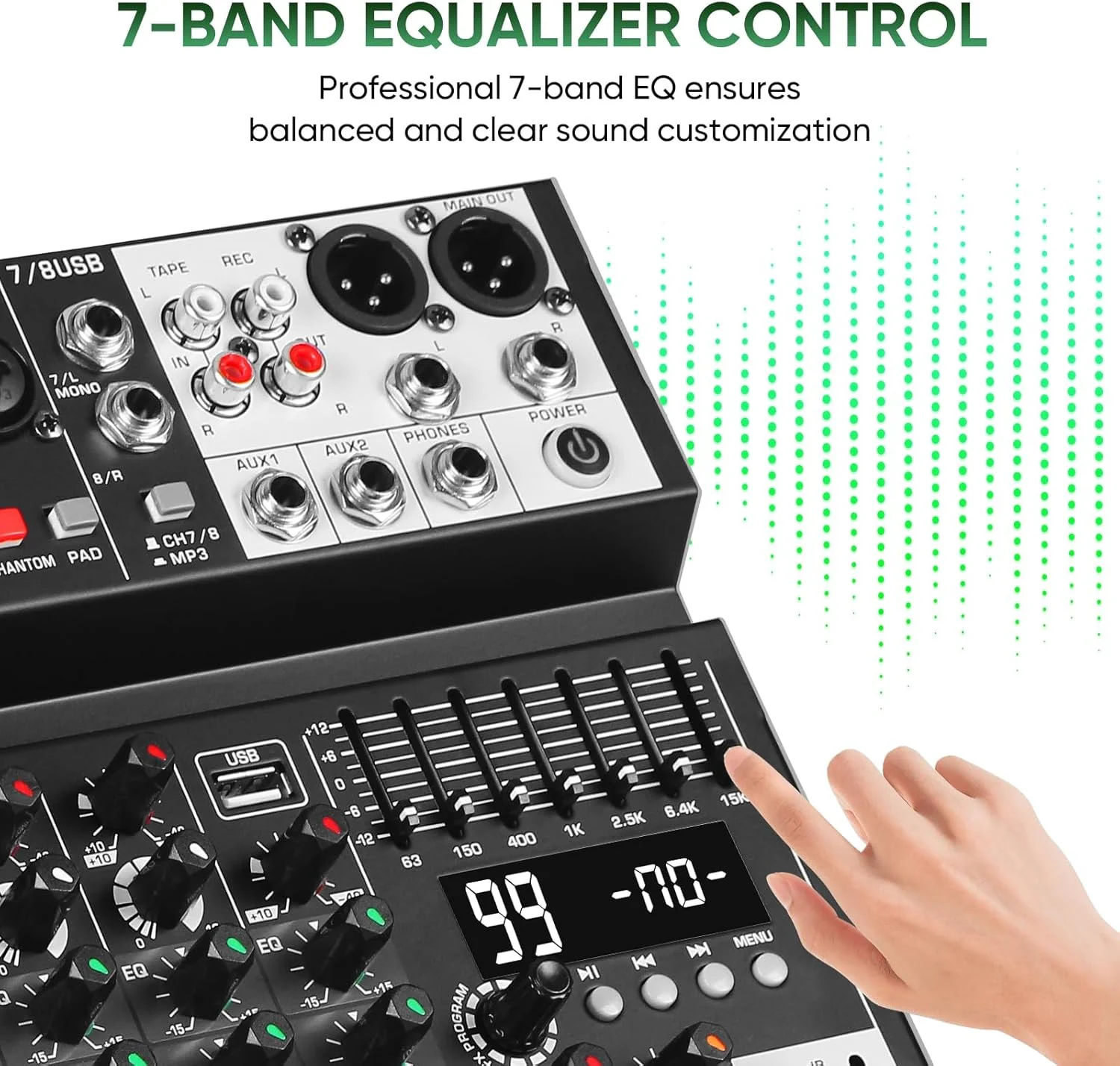 میکسر صدا 8 کاناله، کنسول میکسر حرفه ای موسیقی DJ با 99 DSP، اکولایزر 7 باندی، USB، بلوتوث، فانتوم پاور 48 ولت و عملکرد PAD برای ضبط PA، پخش زنده میکسر صدا 8 کاناله، کنسول میکسر حرفه ای موسیقی DJ با 99 DSP، اکولایزر 7 باندی، USB، بلوتوث، فانتوم پاور 48 ولت و عملکرد PAD برای ضبط PA، پخش زنده