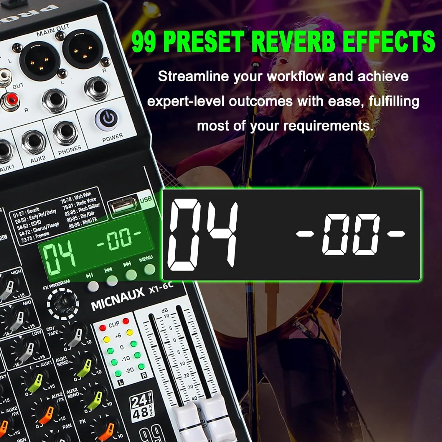 میکسر صدا 6 کانال حرفه ای با 99 افکت DSP، میکسر DJ با USB، بلوتوث، منبع تغذیه 48 ولت، دکمه PAD برای ضبط کارائوکه، PA، درام و موسیقی زنده میکسر صدا 6 کانال حرفه ای با 99 افکت DSP، میکسر DJ با USB، بلوتوث، منبع تغذیه 48 ولت، دکمه PAD برای ضبط کارائوکه، PA، درام و موسیقی زنده