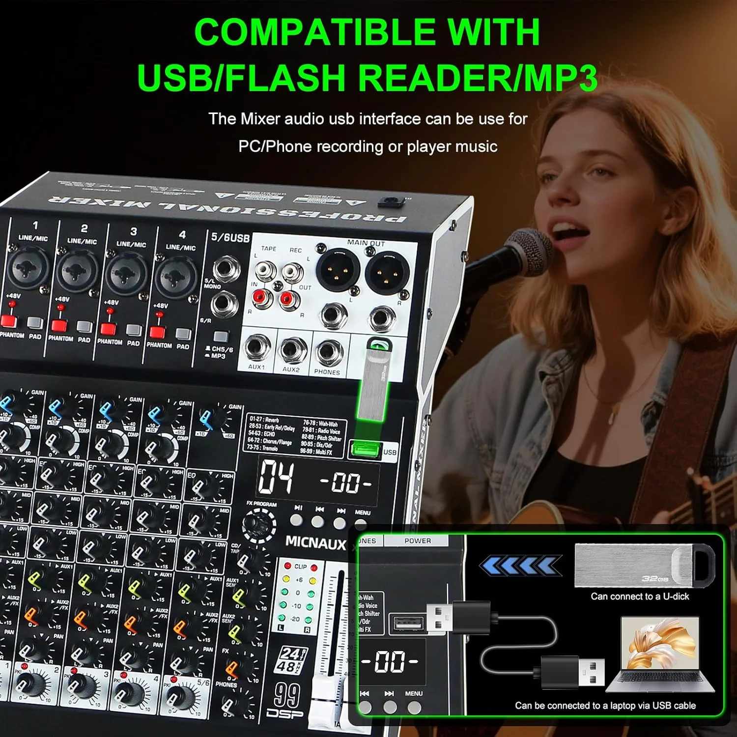 میکسر صدا 6 کانال حرفه ای با 99 افکت DSP، میکسر DJ با USB، بلوتوث، منبع تغذیه 48 ولت، دکمه PAD برای ضبط کارائوکه، PA، درام و موسیقی زنده میکسر صدا 6 کانال حرفه ای با 99 افکت DSP، میکسر DJ با USB، بلوتوث، منبع تغذیه 48 ولت، دکمه PAD برای ضبط کارائوکه، PA، درام و موسیقی زنده