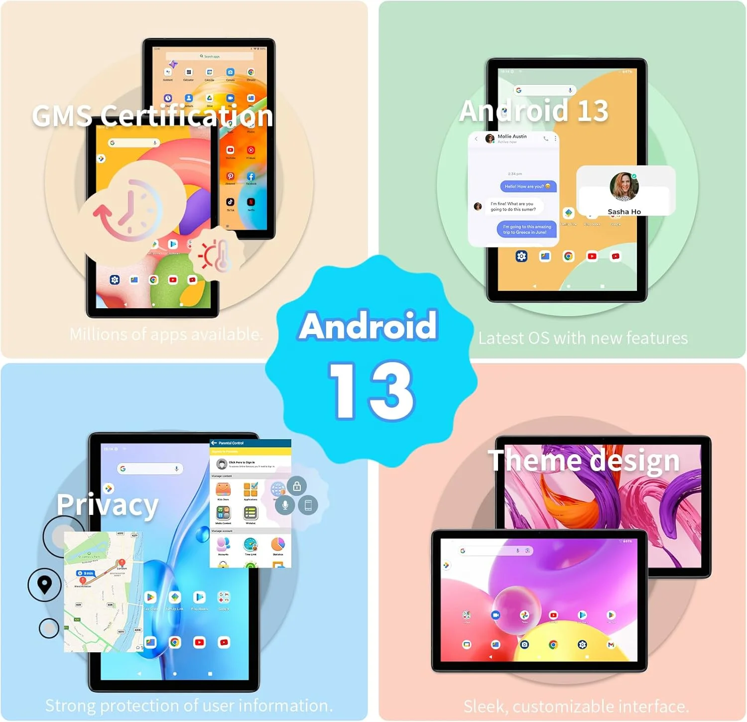 تبلت اندروید 10 اینچی PRITOM، 8 گیگابایت (4+4)، 128 گیگابایت، قابل ارتقا تا 1 ترابایت، 8000 میلی آمپر ساعت، تبلت وای فای، پردازنده Qcta Core، وای فای 6، بلوتوث، تبلت بازی، تبلت PC، قاب خاکستری