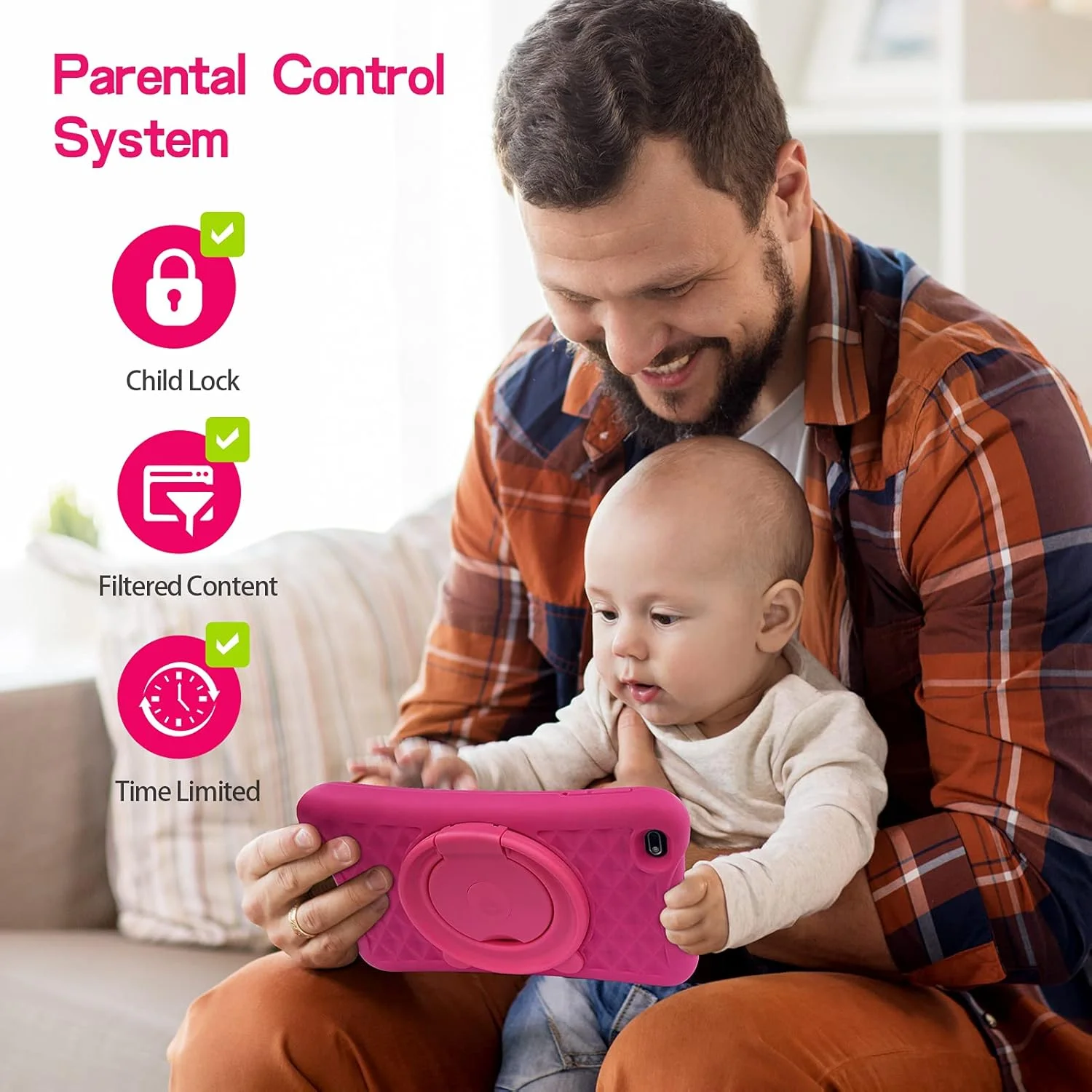 تبلت کودکان پریتوم اندروید 10، 8 اینچی، قفل کودک، برنامه کودکان، پردازنده چهار هسته ای، 2 گیگابایت رم، 32 گیگابایت رام، صفحه نمایش HD IPS، دوربین دوگانه دید عقب، همراه با کیف تبلت کودکان (صورتی)