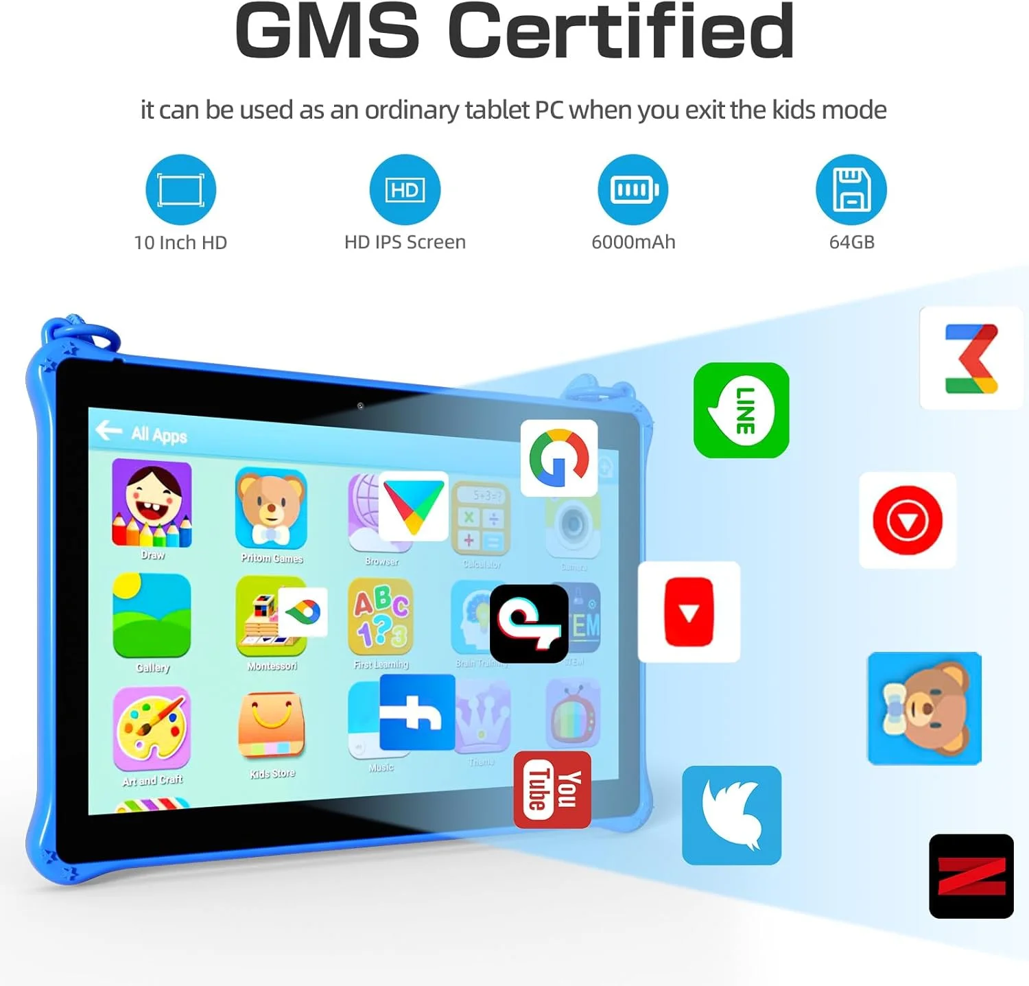 تبلت کودکان پریتوم 10 اینچی اندروید 13، تبلت با بند گردنی 64 گیگابایت، چهار هسته ای، صفحه نمایش HD IPS، وای فای، دوربین دوگانه، تبلت کودک برای کودکان زیر 12 سال، آبی