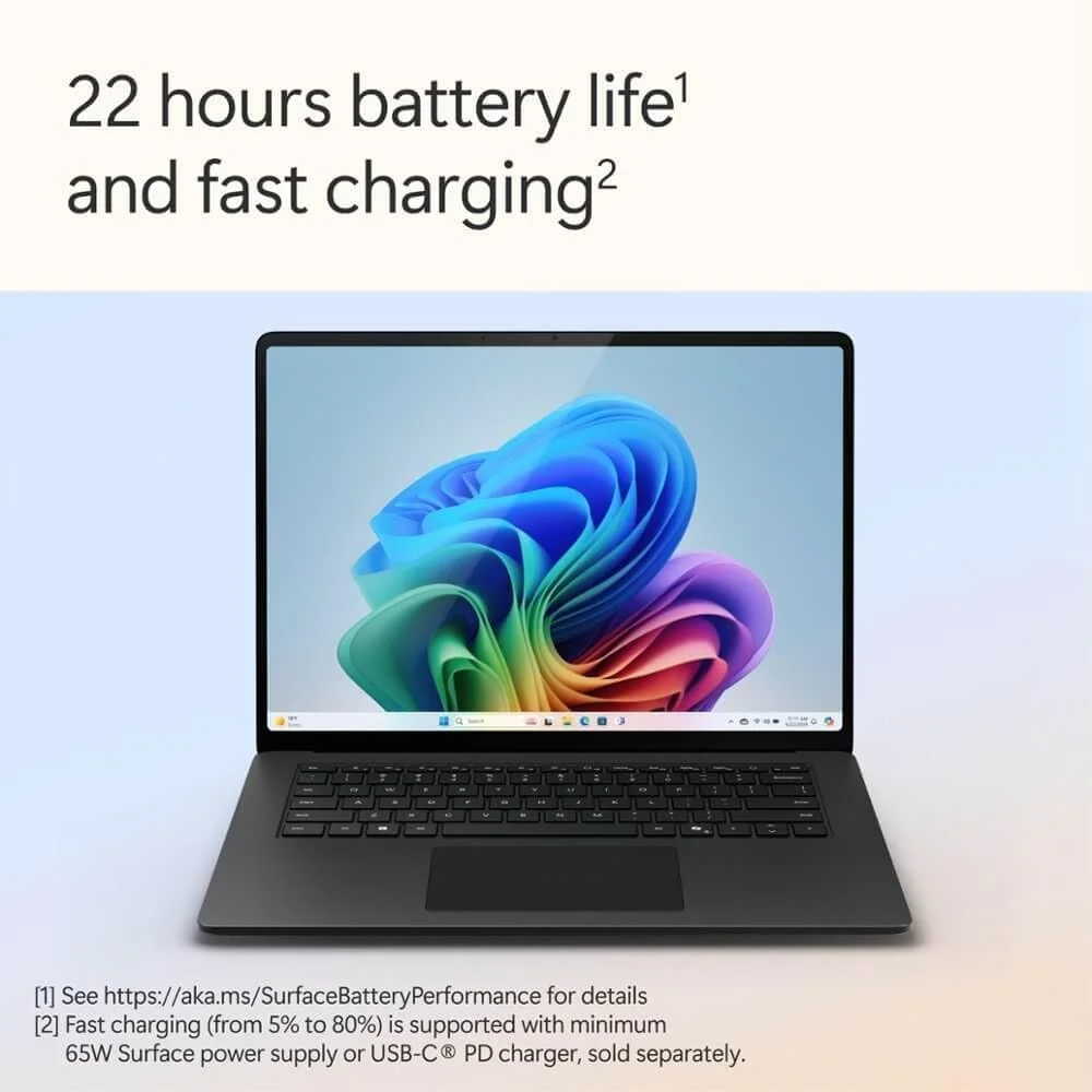 لپ تاپ مایکروسافت سرفیس (2024)، کامپیوتر Copilot+ با ویندوز 11، صفحه نمایش لمسی 13.8 اینچی، پردازنده Snapdragon X Elite (12 هسته ای)، 16 گیگابایت رم، 1 ترابایت حافظه SSD، مشکی