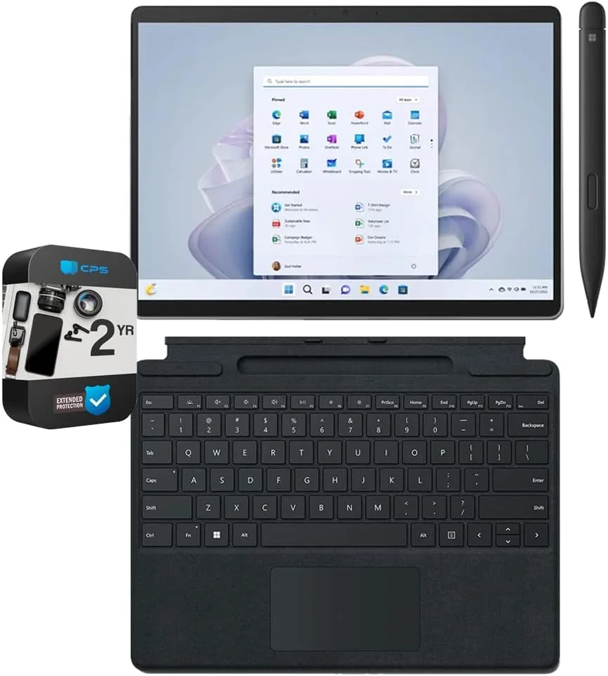 تبلت لمسی 13 اینچی مایکروسافت Surface Pro 9 مدل QIX-00001، پردازنده Intel i7، رم 16 گیگابایت، حافظه 512 گیگابایت، پلاتینیوم به همراه کیبورد Surface Pro و قلم Surface Slim Pen 2 و بسته محافظت پیشرفته 2 ساله CPS