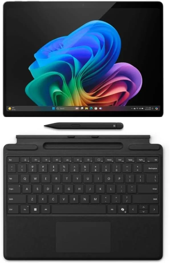 بسته نرم‌افزاری Microsoft Surface Pro 11، کامپیوتر 13 اینچی Copilot+ به همراه کیبورد Pro مشکی و قلم Slim، Snapdragon X Plus، بسته ضروری تبلت هوش مصنوعی برای Surface Pro 11، رم 16 گیگابایتی، SSD 256 گیگابایتی، Win 11 Pro