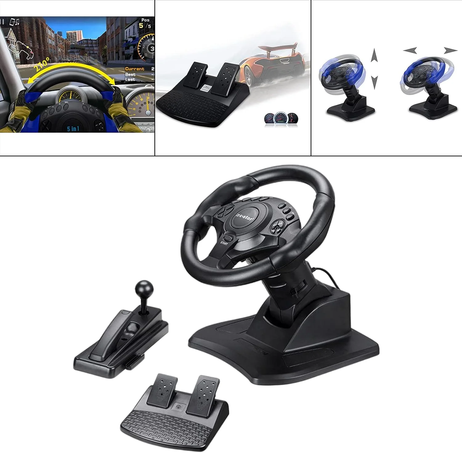 فرمان بازی پدال دار یونیورسال USB با ویبره برای 360 PC/Android چرخش 270 درجه، مشکی، 335x305x280mm