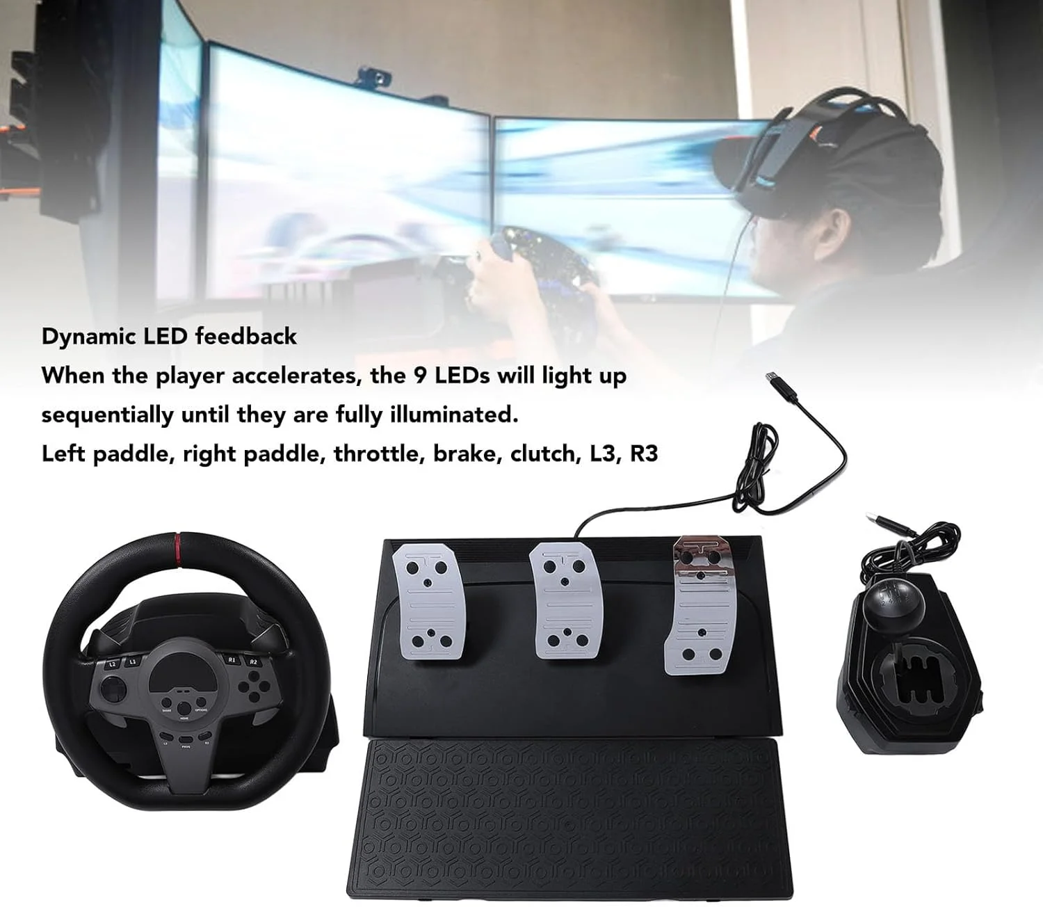 فرمان بازی با پدال برای کامپیوتر، تجربه رانندگی واقعی، چرخش 270 درجه، بازخورد LED پویا، کلیدهای کنترل چند منظوره، فرمان مسابقه ای، سازگار