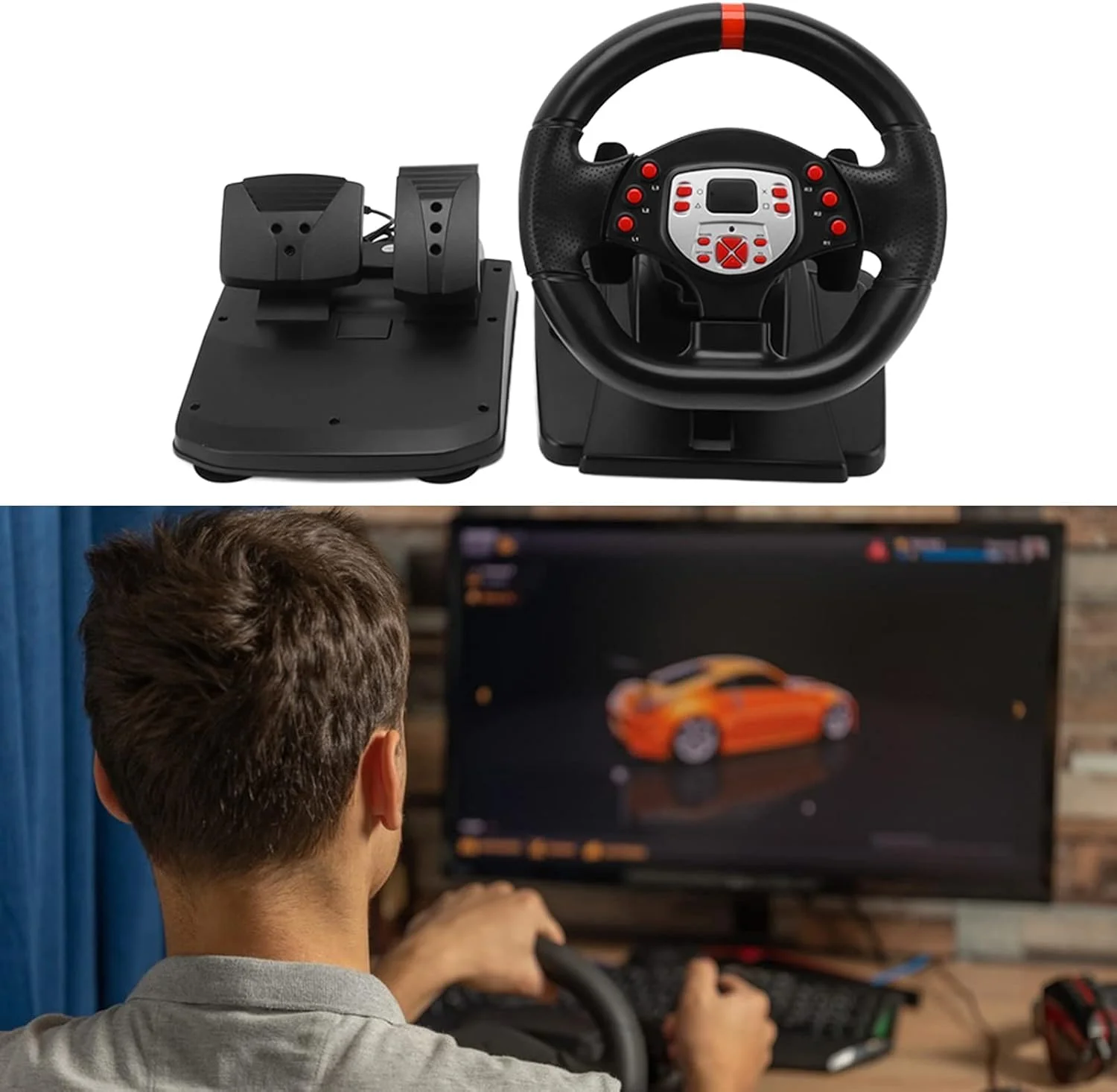 فرمان بازی 5 در 1، فرمان مسابقه ای قابل تنظیم با پدال و شیفتر 180 درجه برای PS3، برای ، برای PC