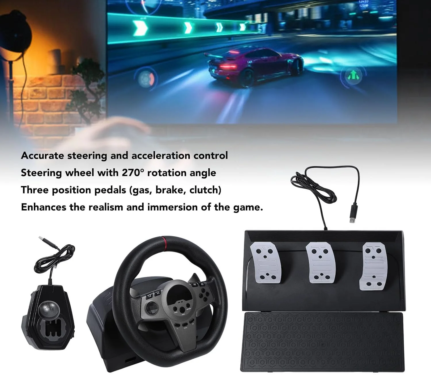 فرمان بازی با پدال برای کامپیوتر، تجربه رانندگی واقعی، چرخش 270 درجه، بازخورد LED پویا، کلیدهای کنترل چند منظوره، فرمان مسابقه ای، سازگار