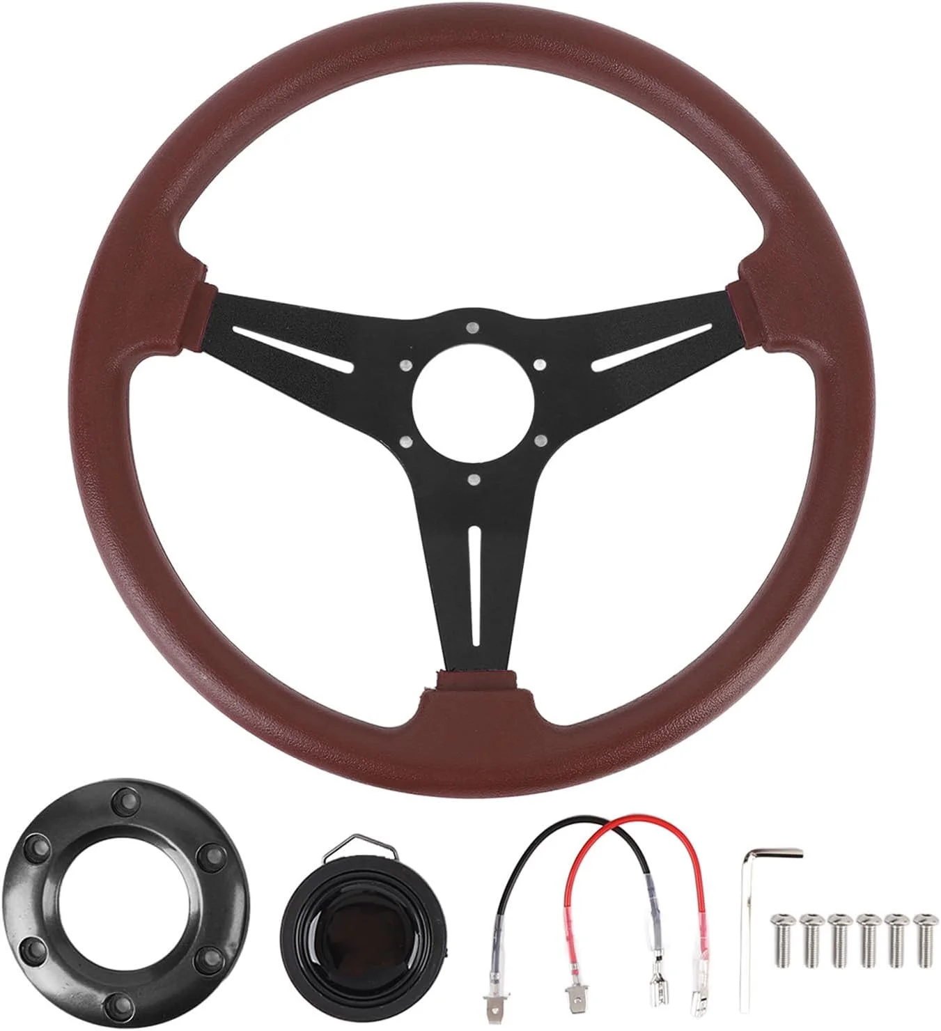 فرمان خودرو 14 اینچی، چرم PU و پره های آلومینیومی، فرمان راحت برای بازی دریفت مسابقه ای با دکمه بوق برای آداپتور توپی فرمان 6 سوراخه (مشکی) فرمان خودرو 14 اینچی، چرم PU و پره های آلومینیومی، فرمان راحت برای بازی دریفت مسابقه ای با دکمه بوق برای آداپتور توپی فرمان 6 سوراخه (مشکی)