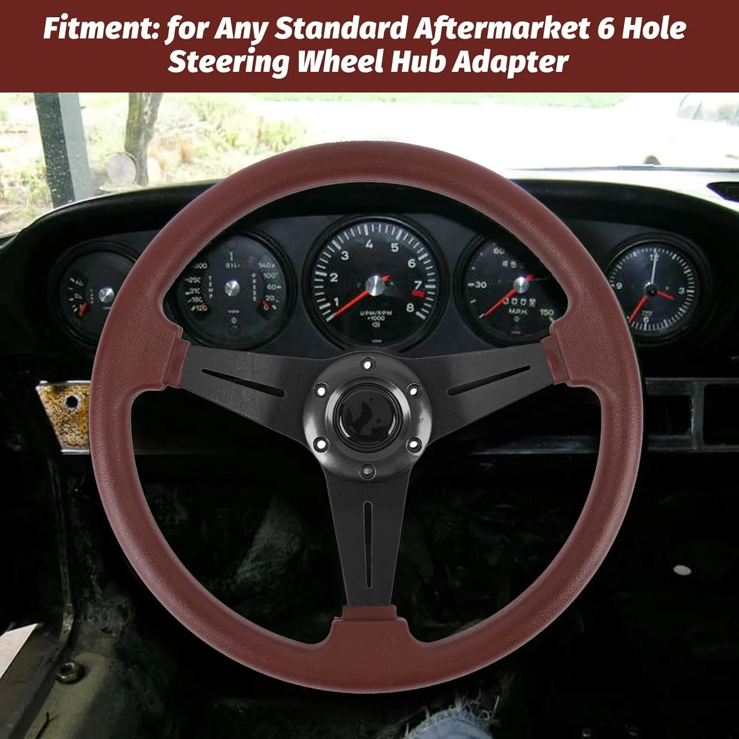 فرمان خودرو 14 اینچی، چرم PU و پره های آلومینیومی، فرمان راحت برای بازی دریفت مسابقه ای با دکمه بوق برای آداپتور توپی فرمان 6 سوراخه (مشکی)