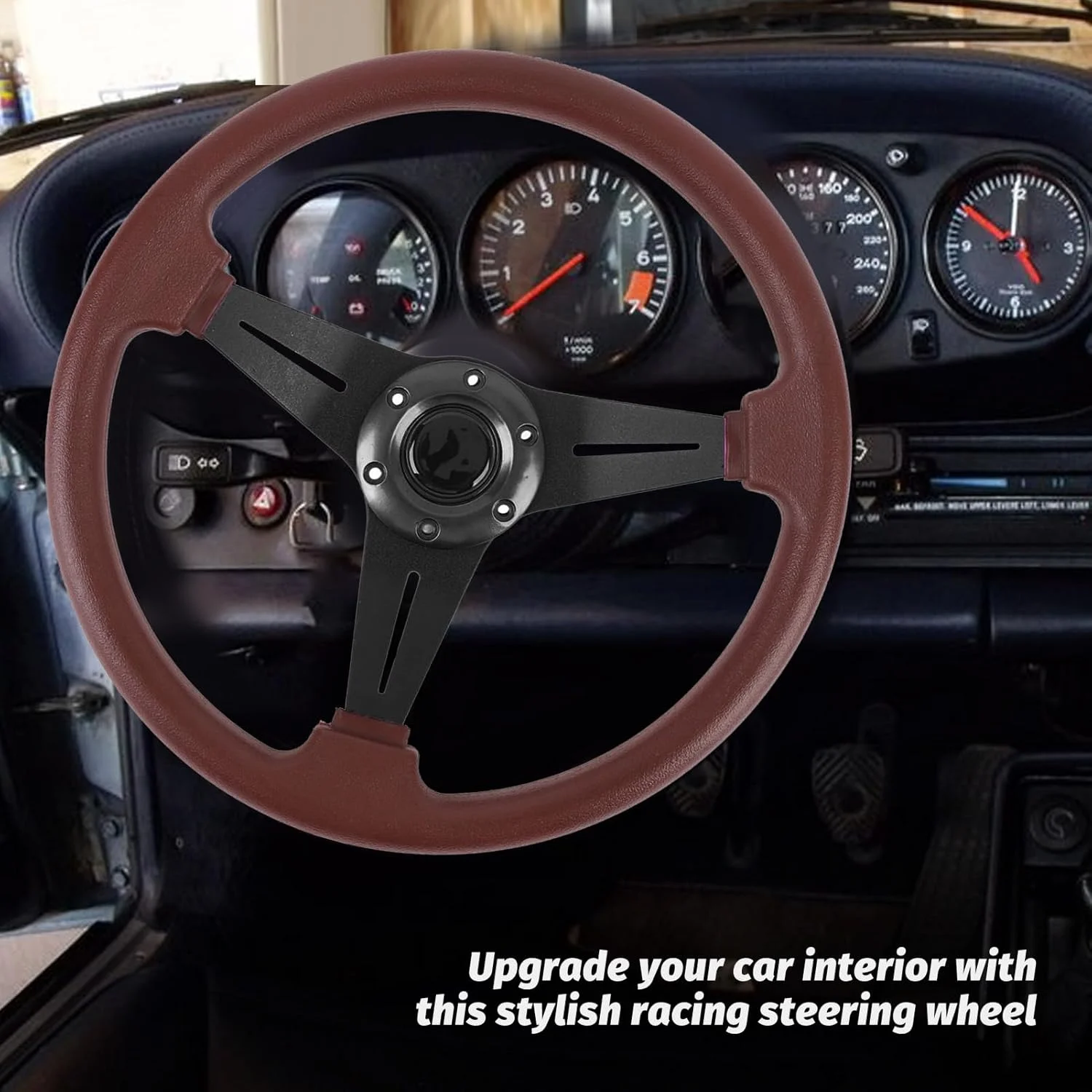 فرمان خودرو 14 اینچی، چرم PU و پره های آلومینیومی، فرمان راحت برای بازی دریفت مسابقه ای با دکمه بوق برای آداپتور توپی فرمان 6 سوراخه (مشکی)