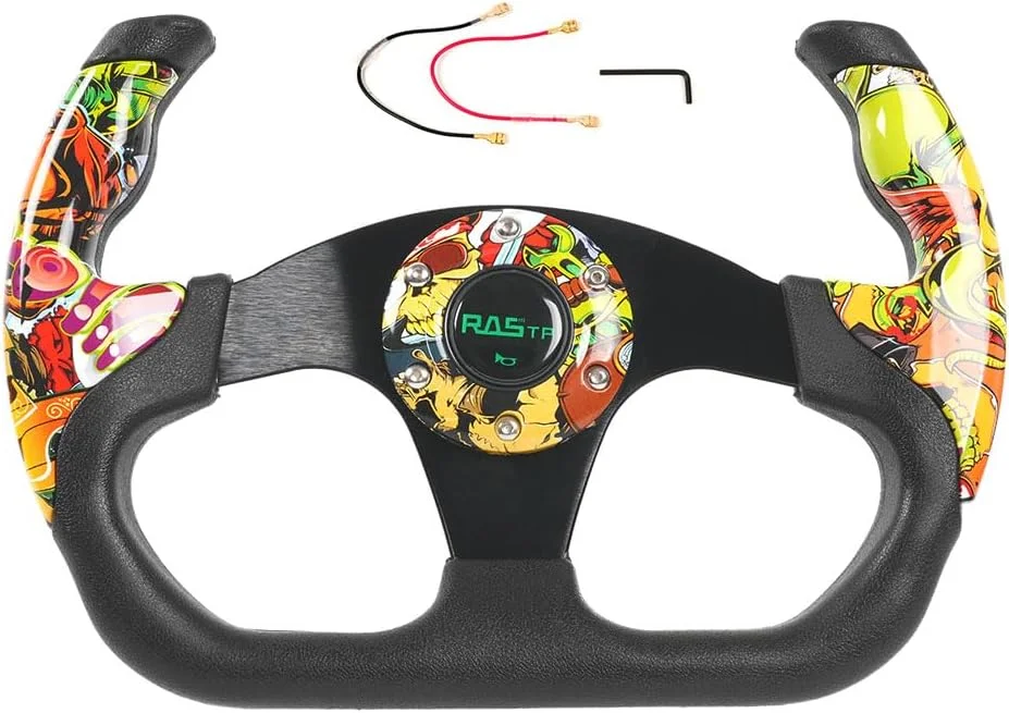 فرمان مسابقه ای RASTP، زرد، وینیل و آلومینیوم، مناسب برای خودروهای سواری، لوازم جانبی بازی های اتومبیلرانی