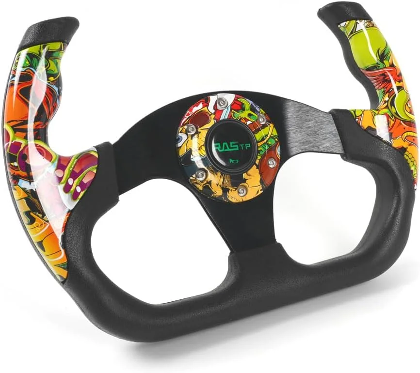 فرمان مسابقه ای RASTP، زرد، وینیل و آلومینیوم، مناسب برای خودروهای سواری، لوازم جانبی بازی های اتومبیلرانی