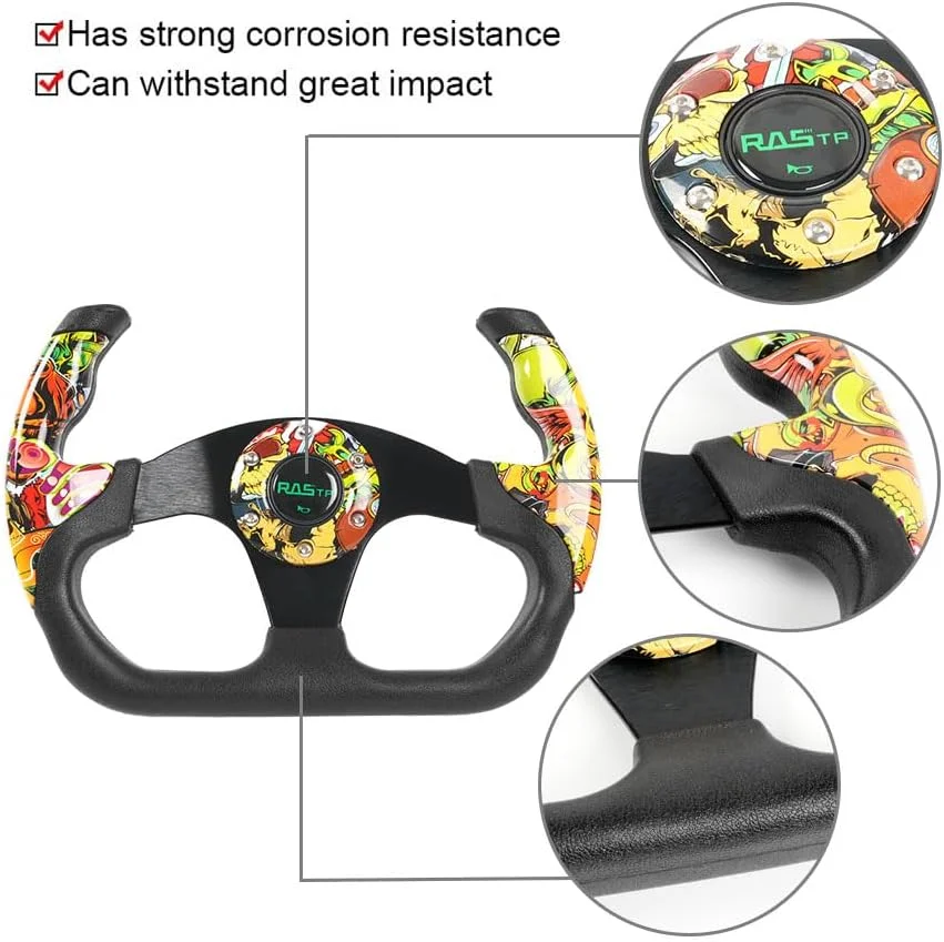 فرمان مسابقه ای RASTP، زرد، وینیل و آلومینیوم، مناسب برای خودروهای سواری، لوازم جانبی بازی های اتومبیلرانی