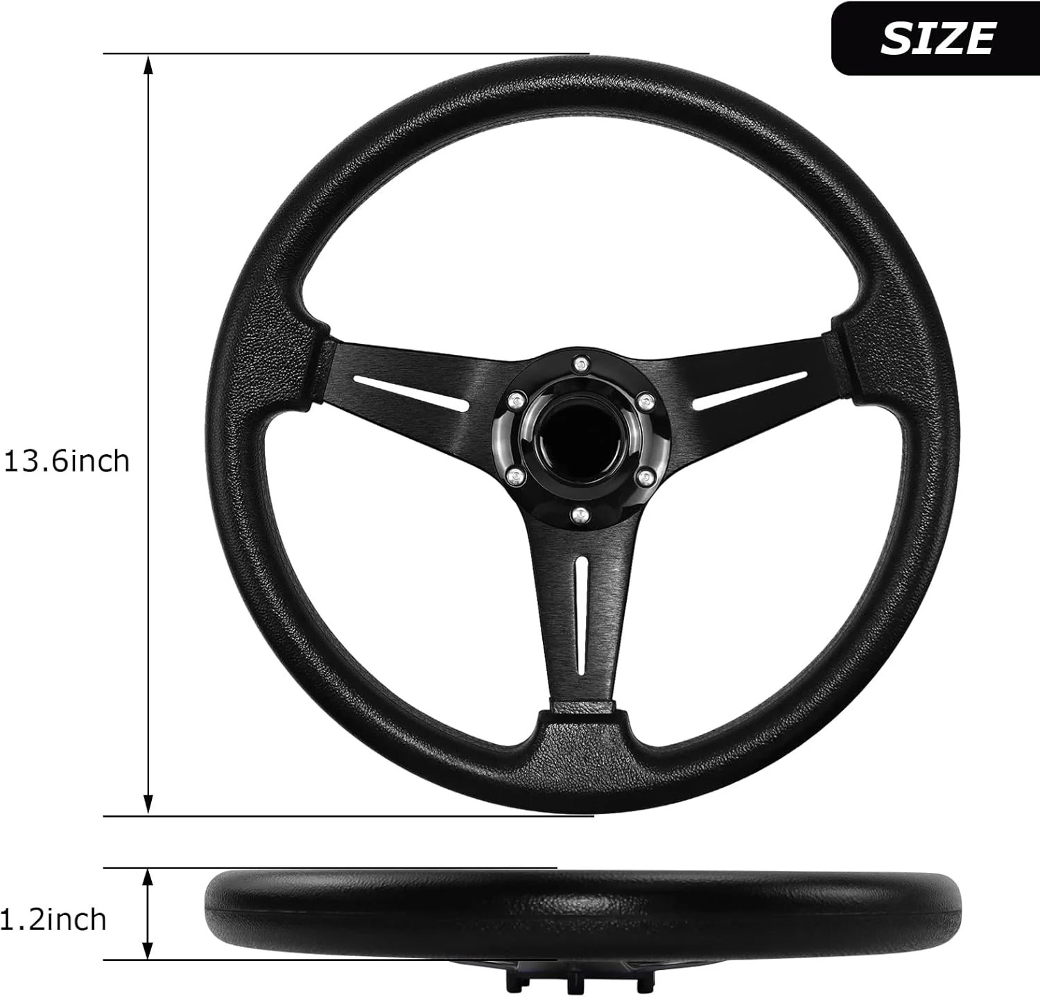 فرمان مسابقه ای جهانی، 35 سانتی متر، 6 پیچ، چرم ضد لغزش و آلومینیوم، فرمان بازی با دکمه بوق برای مسابقه/رانندگی شبیه ساز ماشین/فرمان مسابقه ای اسپرت (مشکی)